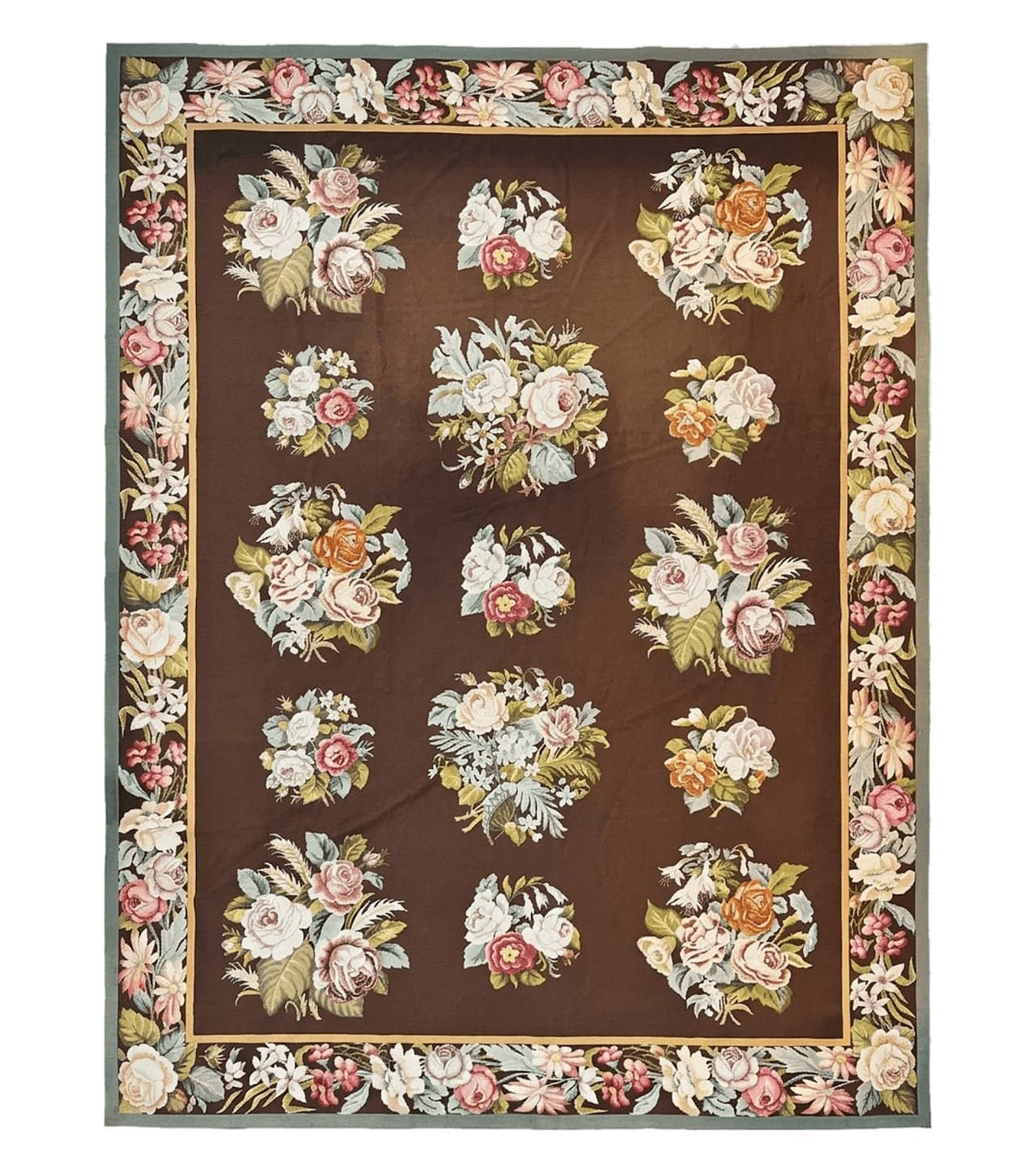 Vintage Needlepoint Rug 9x12, Large Handmade Hand-woven Needlepoint Carpet, Brown Area Rug, Floral Bouquets, Wool Rug, European Design - Jewel Rugs