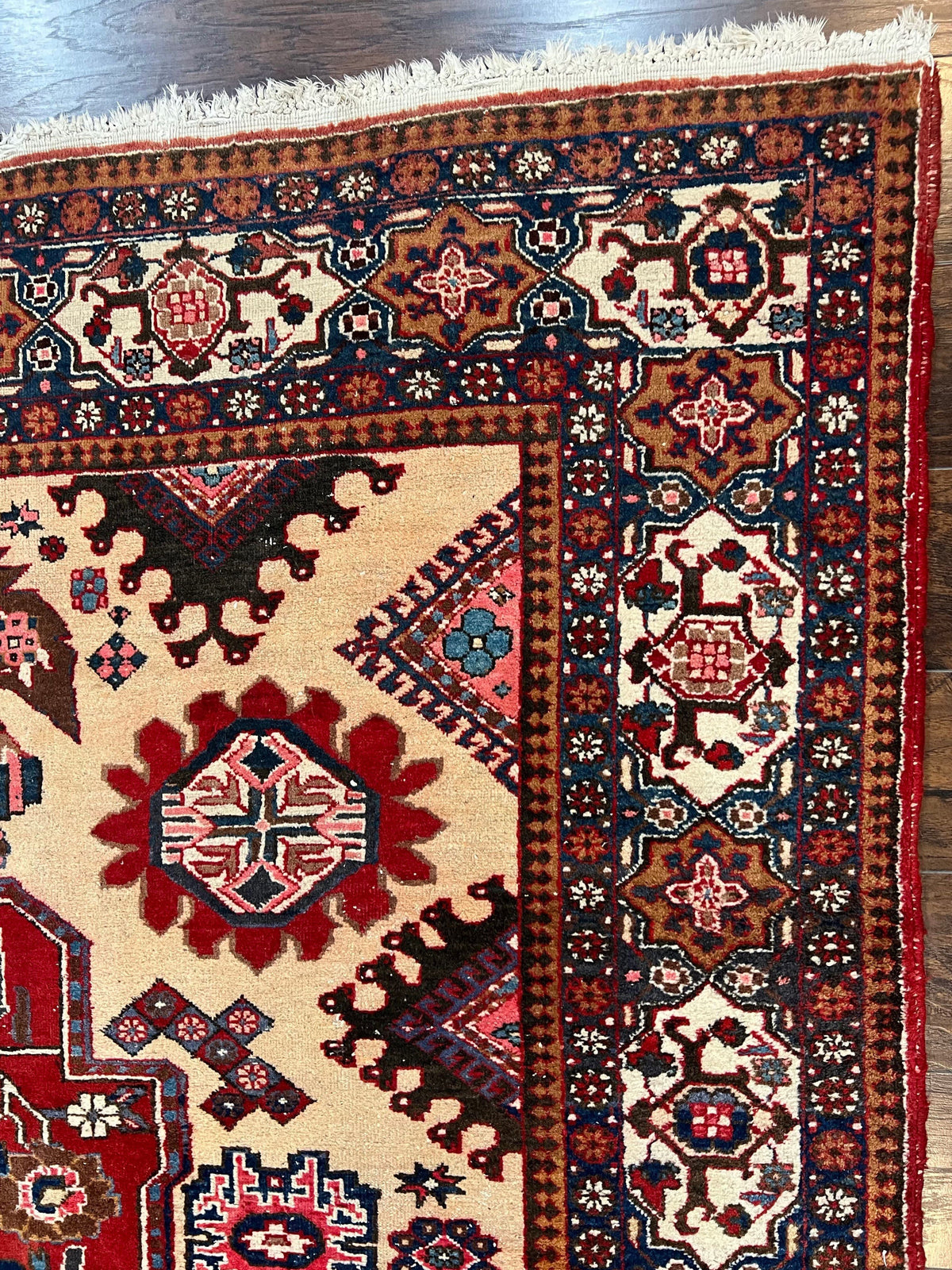 Antique Persian Heriz Rug 8x12 ft, Geometric Tribal Room Sized Carpet, Camel Hair Red Navy Blue, Wool Hand Knotted Medallion Oriental Carpet - Jewel Rugs, view 8