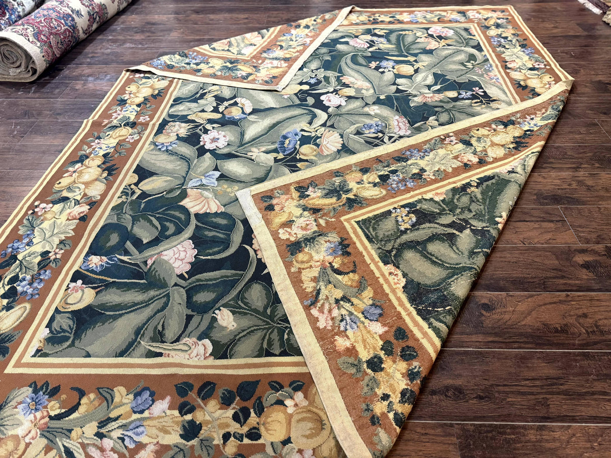 Needlepoint Rug 8x10, Vintage, Handmade, Wool, Green, Leaves & Fruits - Jewel Rugs, view 12