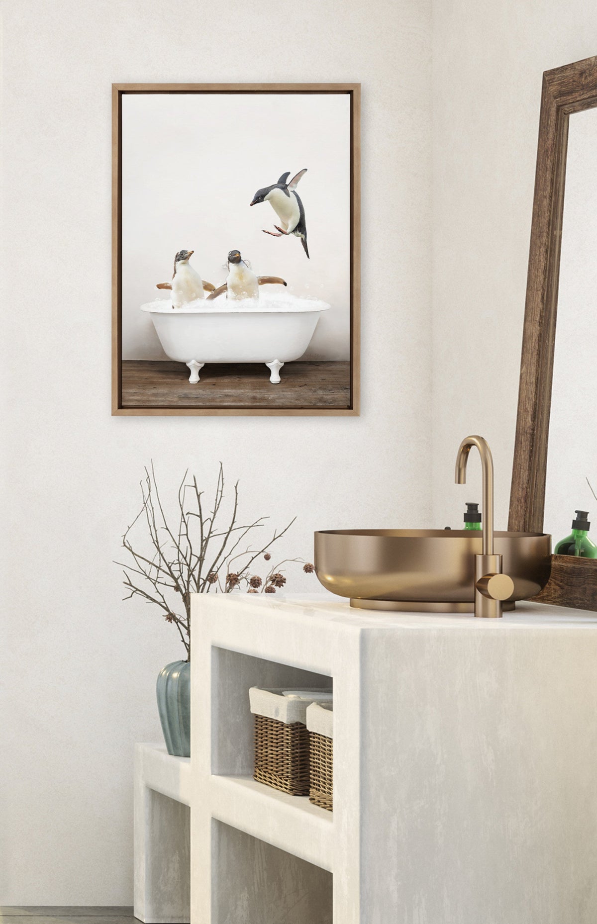 Sylvie Penguins Playing in Rustic Bath Framed Canvas by Amy Peterson Art Studio