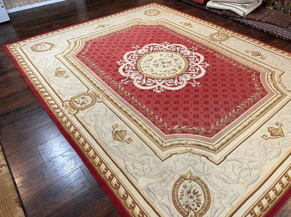 Aubusson Rug 9x12 ft, Red and Ivory Elegant Aubusson Carpet, Flatweave, Vintage Wool Handmade Area Rug 9 x 12, French European Design - Jewel Rugs, view 3