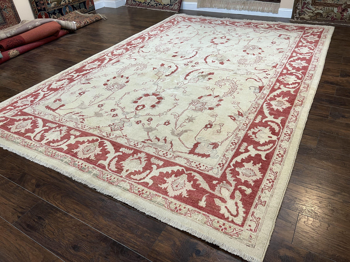 Peshawar Rug 8x12 Pakistani Carpet, Oriental Rug 8 x 12 Chobi Rug, Beige and Red, Allover Large Floral Design, Hand Knotted Vintage Wool - Jewel Rugs, view 3