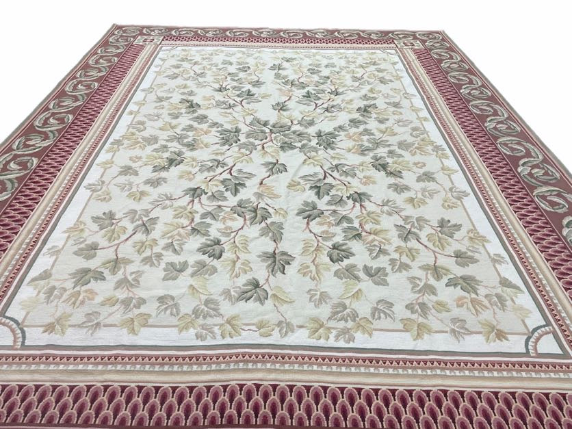 Aubusson Needlepoint Rug 9x12, Flatweave Carpet, Leaves, Wool, New, Handmade - Jewel Rugs, view 15
