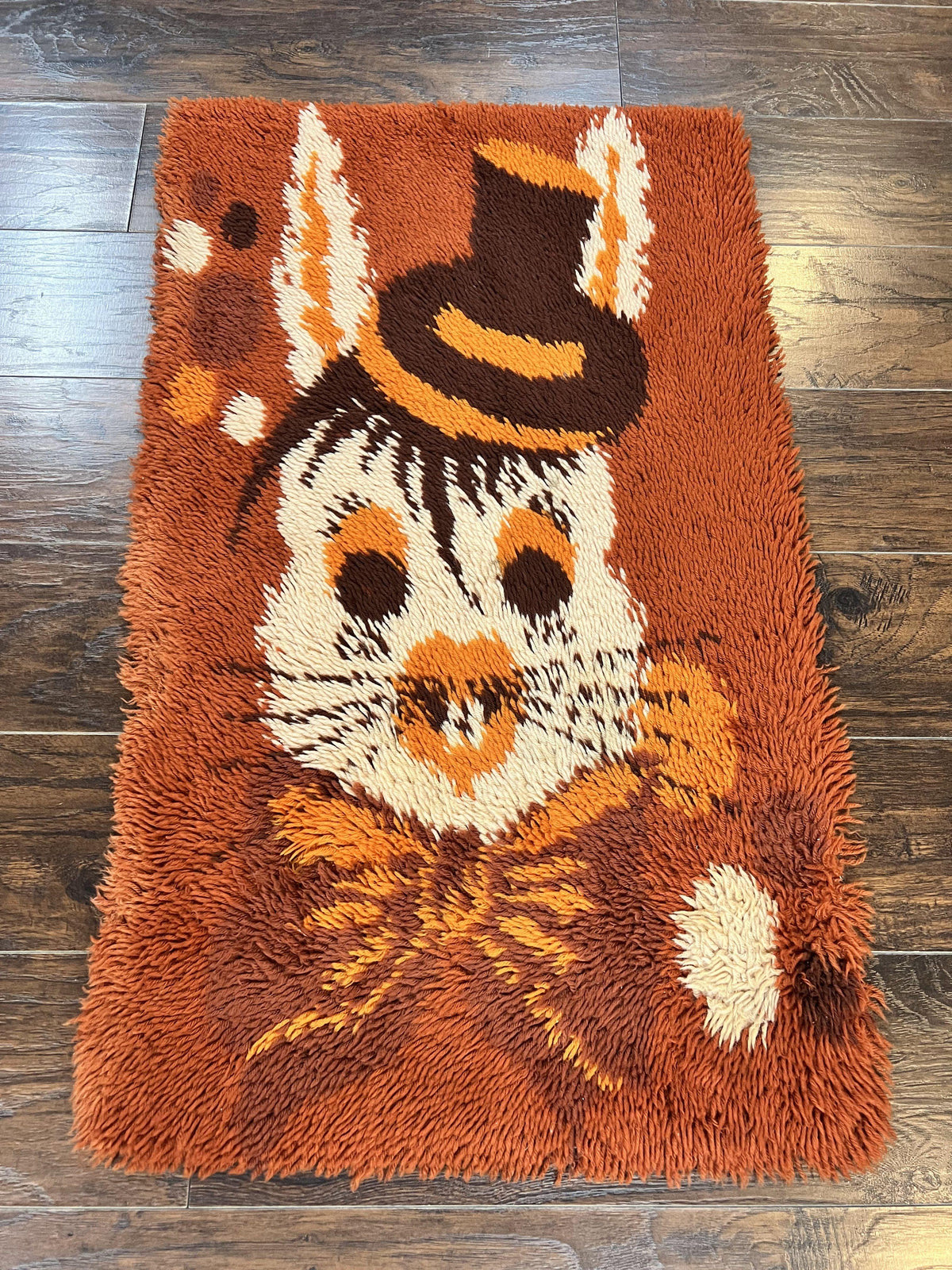 Rya Shag Rug 2x4, Rabbit in Top Hat, Wool, Orange, Vintage 1960s Danish Shag Rug - Jewel Rugs, view 2