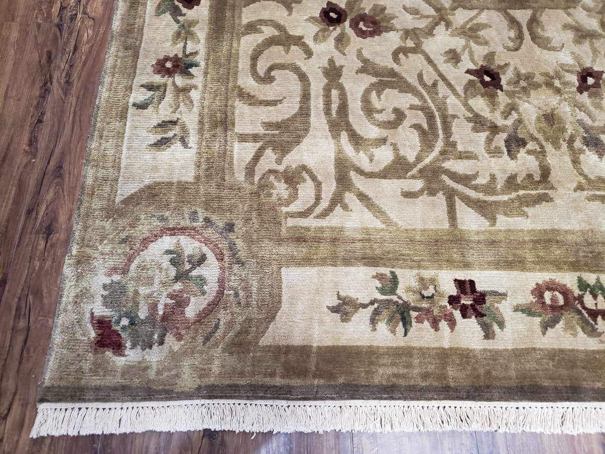 Vintage Nepali Tibetan Aubusson Rug 6x9, Wool Hand-Knotted Cream Beige Carpet, Leaves & Floral Pattern 6 x 9 Soft Area Rug Home Office Rug - Jewel Rugs, view 9