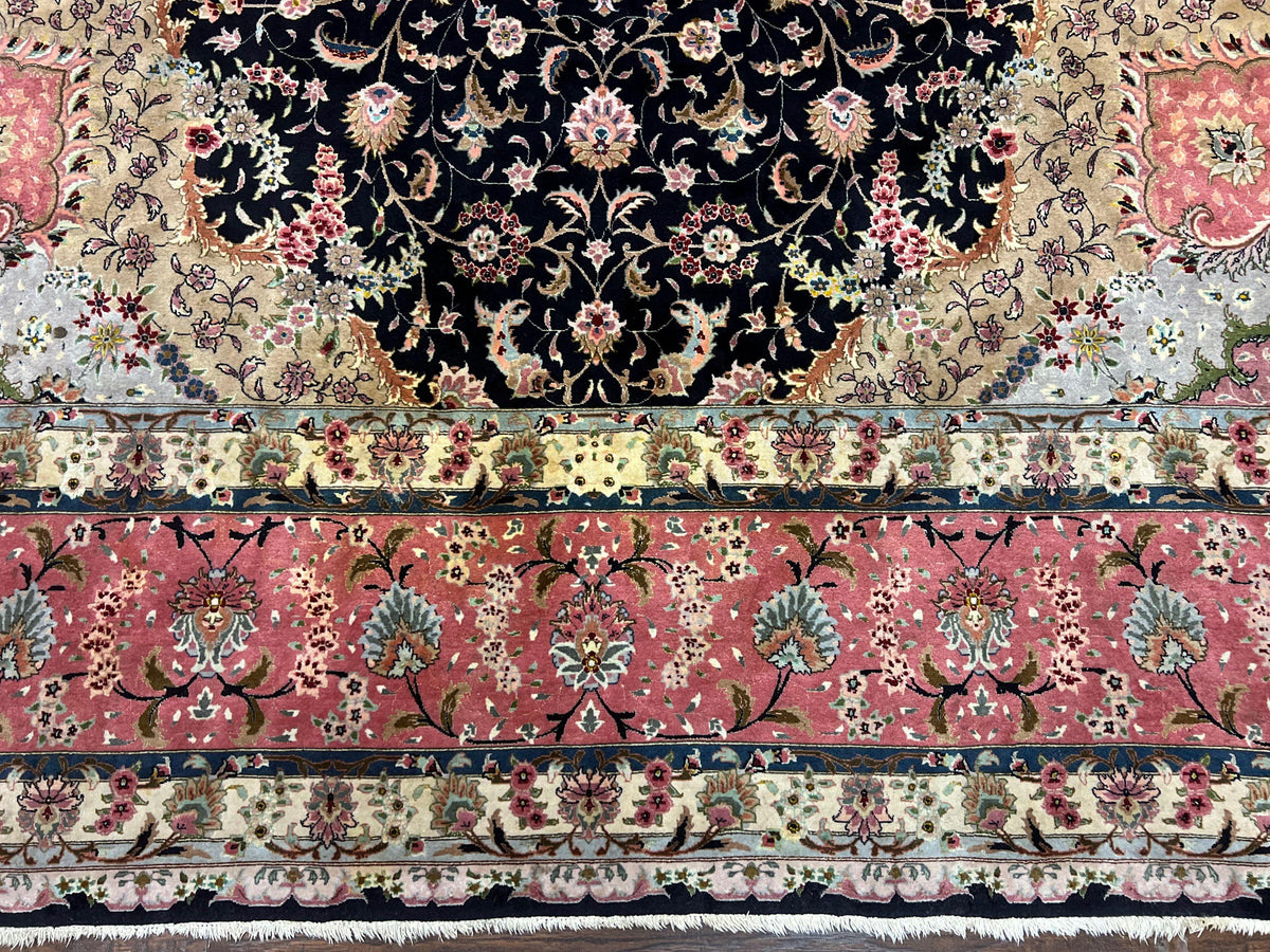 Magnificent Persian Tabriz Rug 11x16, Oversized Persian Carpet 11 x 16 ft, Wool on Silk Finely Hand Knotted, 450 KPSI, Floral Medallion, Black Pink - Jewel Rugs, view 5