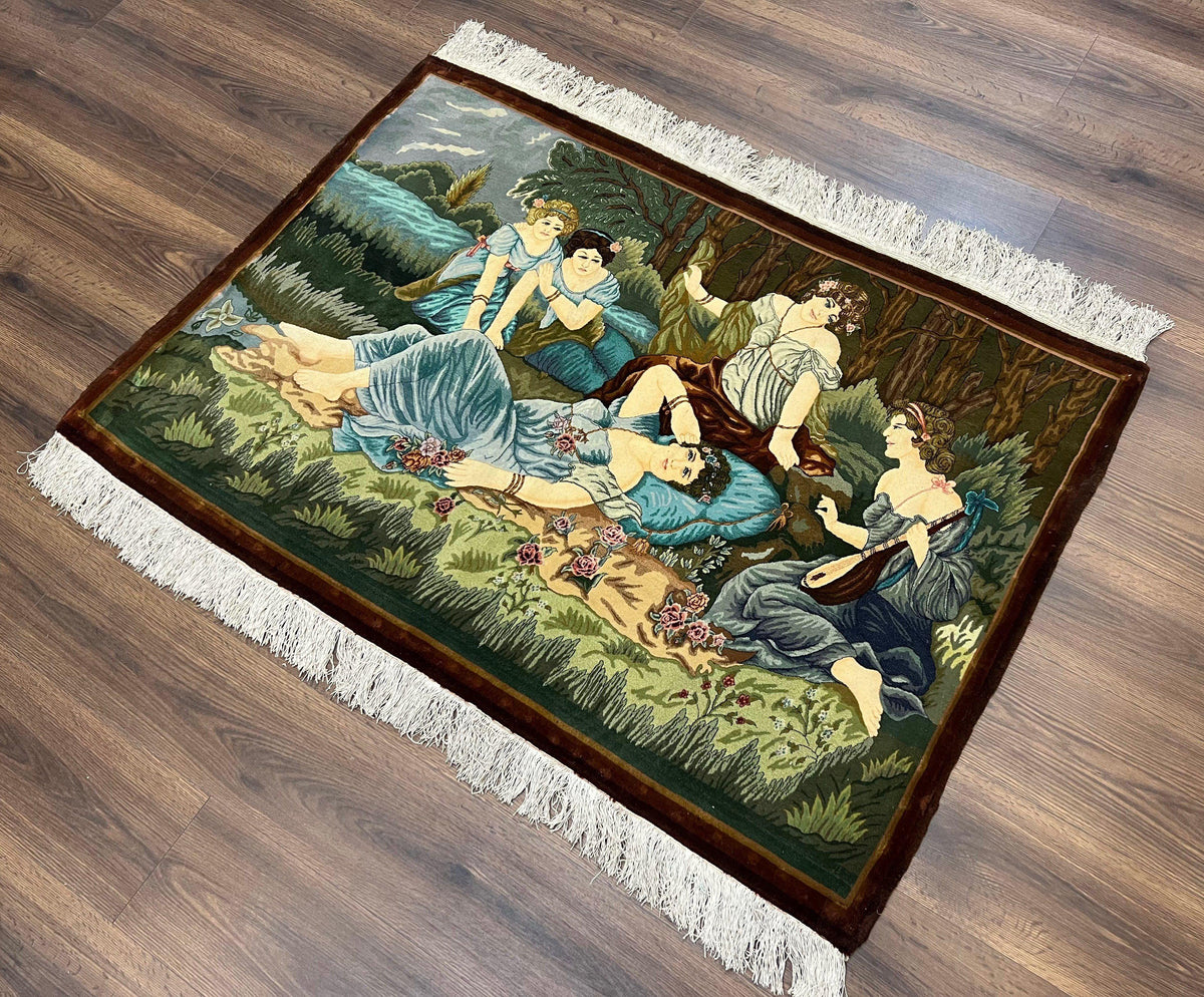 Persian Tabriz Pictorial Rug 5x3, Women Laying By River, Super Fine 60 Raj 480+ KPSI, Hand Knotted Wool Rug, Semi Antique Vintage Oriental Carpet - Jewel Rugs, view 2