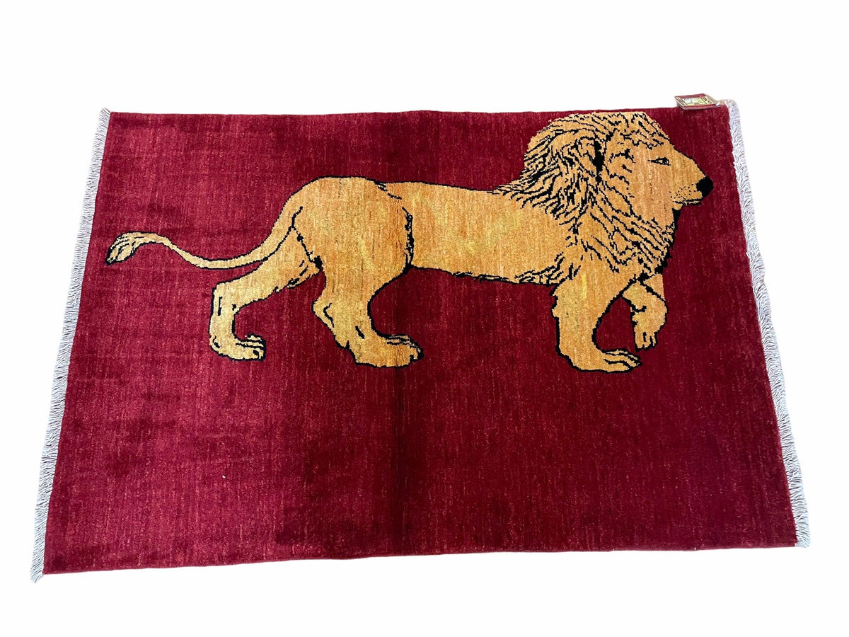 3 X 5 Handmade Hand-Knotted Quality Wool Rug Lion Red Veg Dyes Tribal Pictorial - Jewel Rugs, view 3