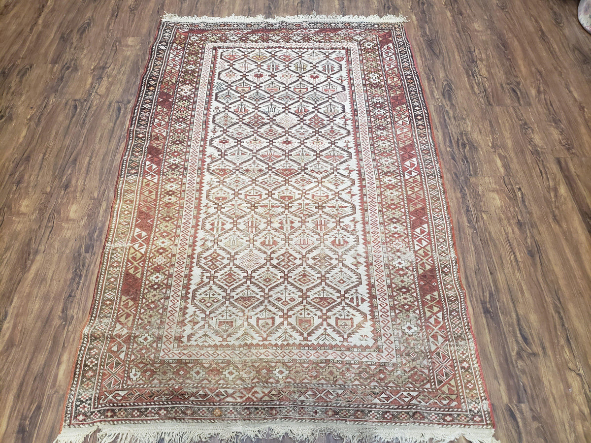 Antique Caucasian Shirvan Rug 4x6, Dagestan Area Rug, Wool Hand-Knotted Soft Red & Ivory 1920s Oriental Carpet, Soft Muted Colors - Jewel Rugs, view 2