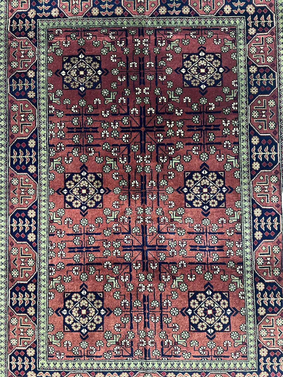 Afghan Turkmen Crosses Medallion Rug 3x5 | Rust, Navy, Green & Ivory | Hand-Knotted Wool - Rugistan, view 4