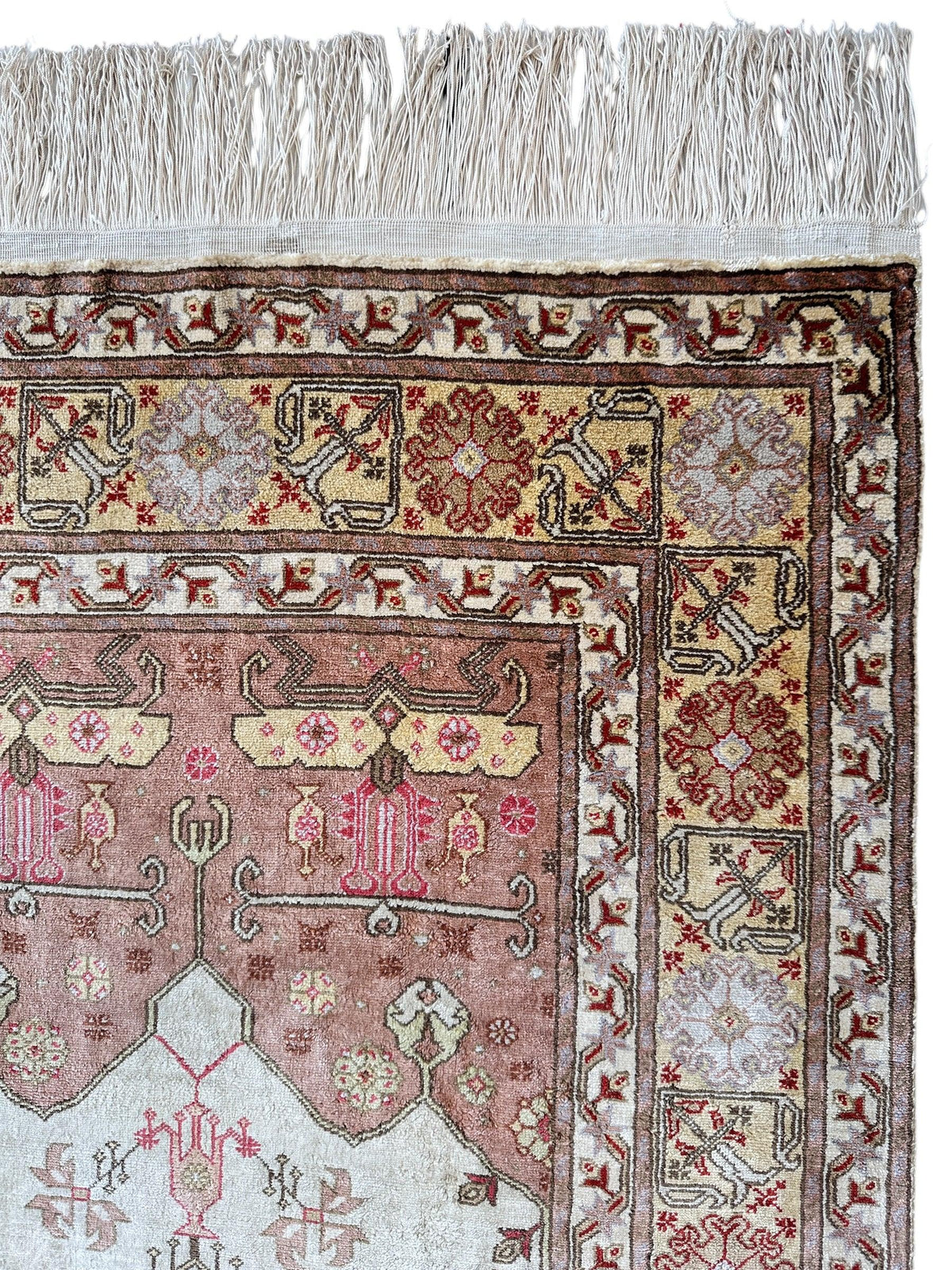 Vintage Turkish Kayseri Rug 2x3 | Ivory, Rust & Brown | Hand-Knotted Silk - Rugistan, view 8