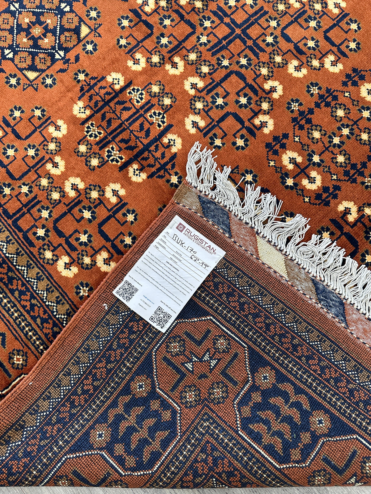Afghan Turkmen Rug 7x10 | Orange, Navy & Ivory | Hand-Knotted Wool - Rugistan, view 9