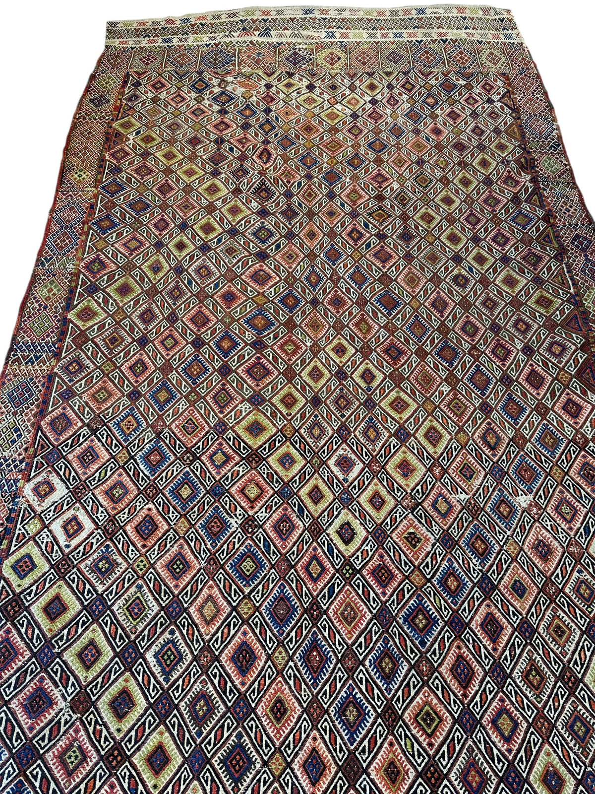Antique Turkish Kilim Runner 5x14 | Red, Navy & Ivory | Hand-Woven Wool Flatweave - Rugistan, view 4