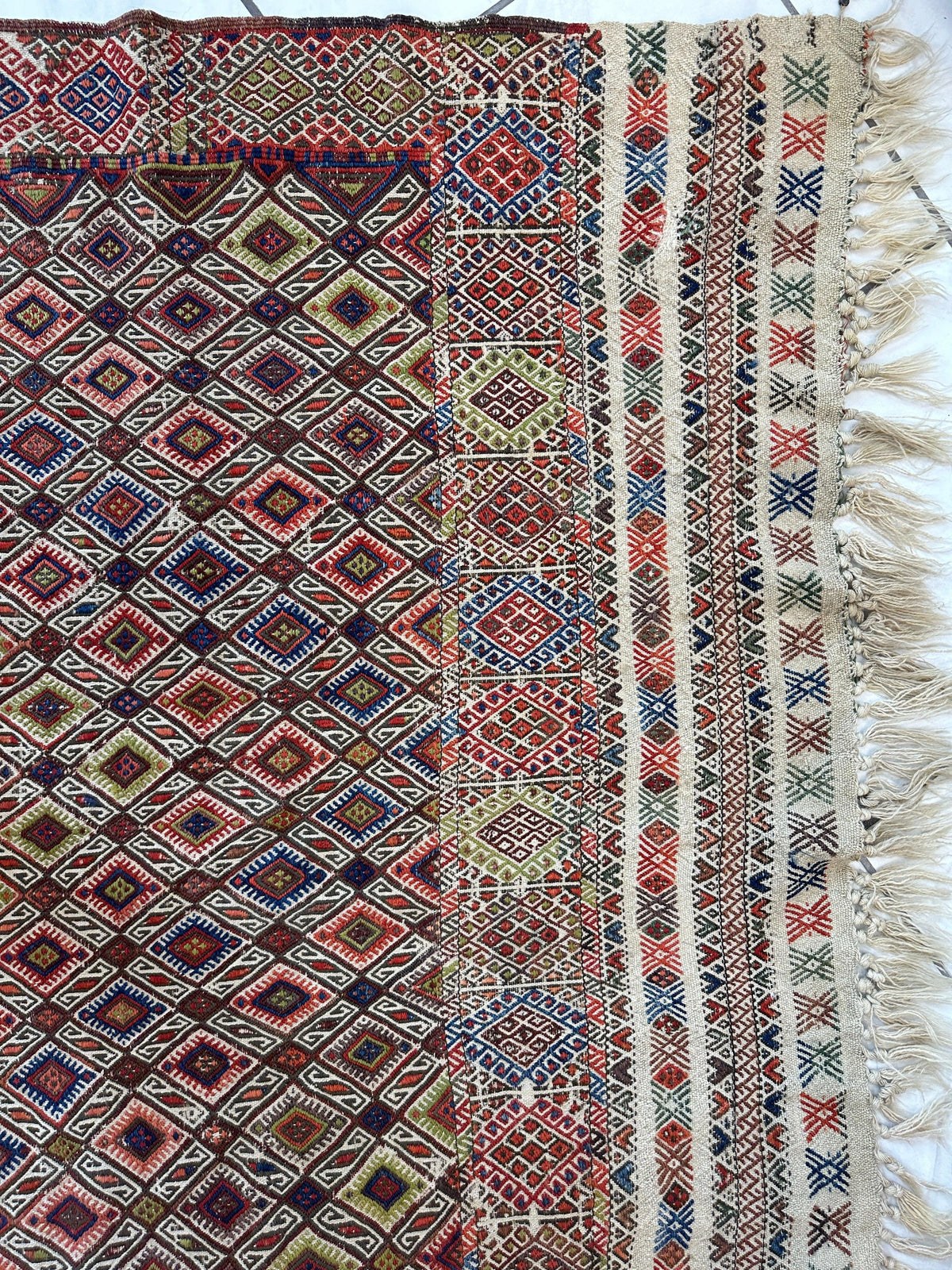 Antique Turkish Kilim Runner 5x14 | Red, Navy & Ivory | Hand-Woven Wool Flatweave - Rugistan, view 6