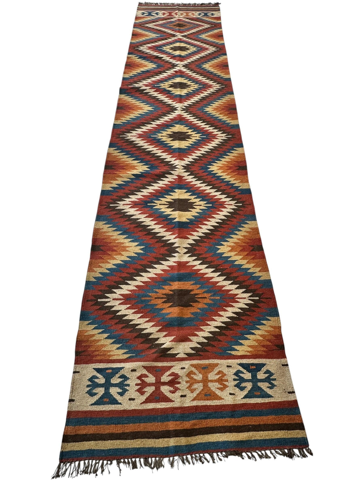 Vintage Afghan Kilim Runner 3x12 | Brown, Red & Ivory | Hand-Woven Wool Flatweave - Rugistan, view 2