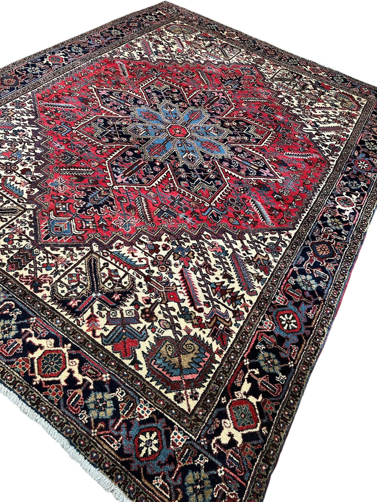 Vintage Persian Heriz Rug 9x12 | Red, Ivory & Navy | Hand-Knotted Wool - Rugistan, view 5