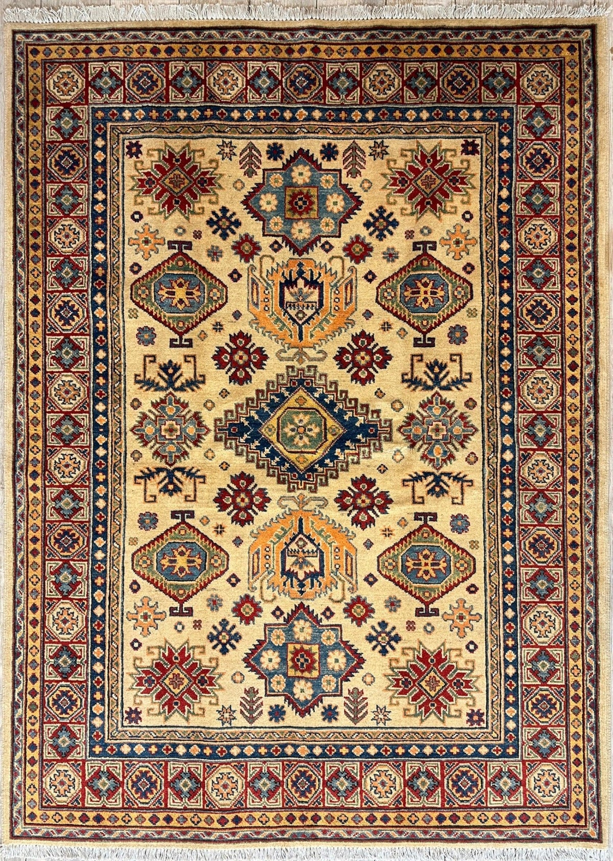 Afghan Kazak Medallion Rug 5x7 | Ivory, Red, Navy & Light Blue | Hand-Knotted Wool - Rugistan, view 2