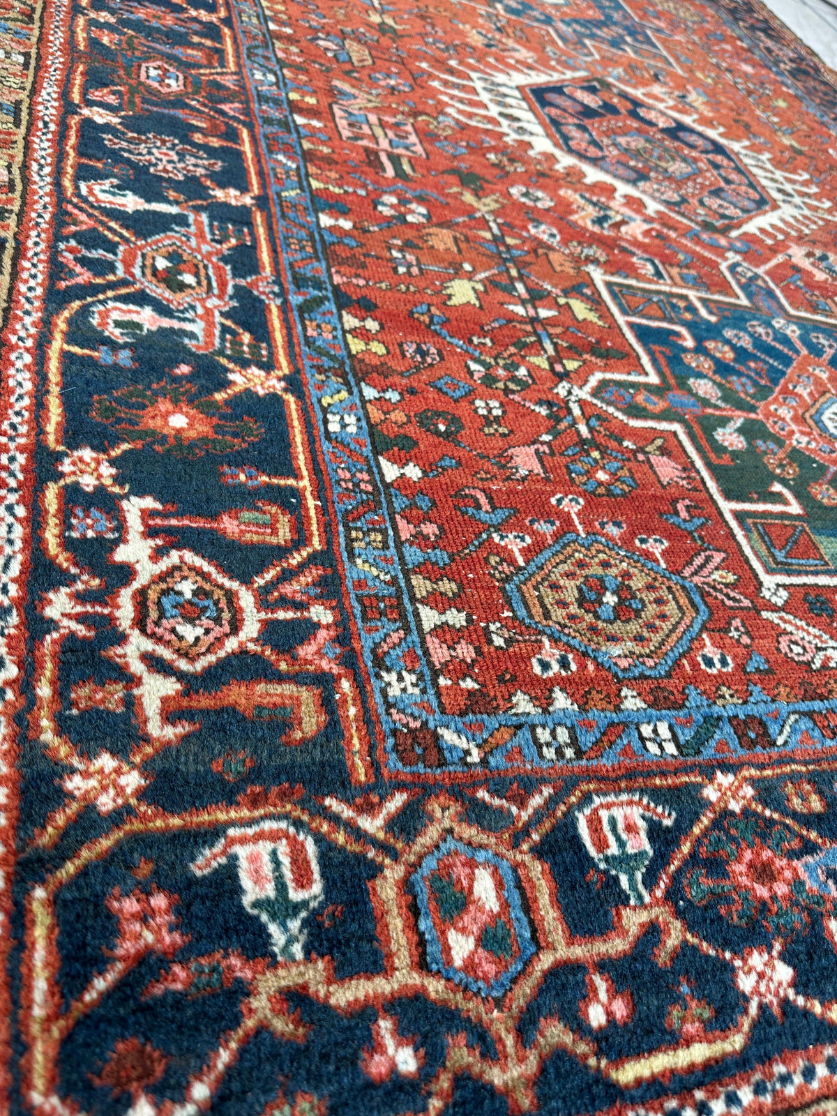 Antique Persian Heriz Rug 5x6 | Rust, Navy & Ivory | Hand-Knotted Wool - Rugistan, view 9