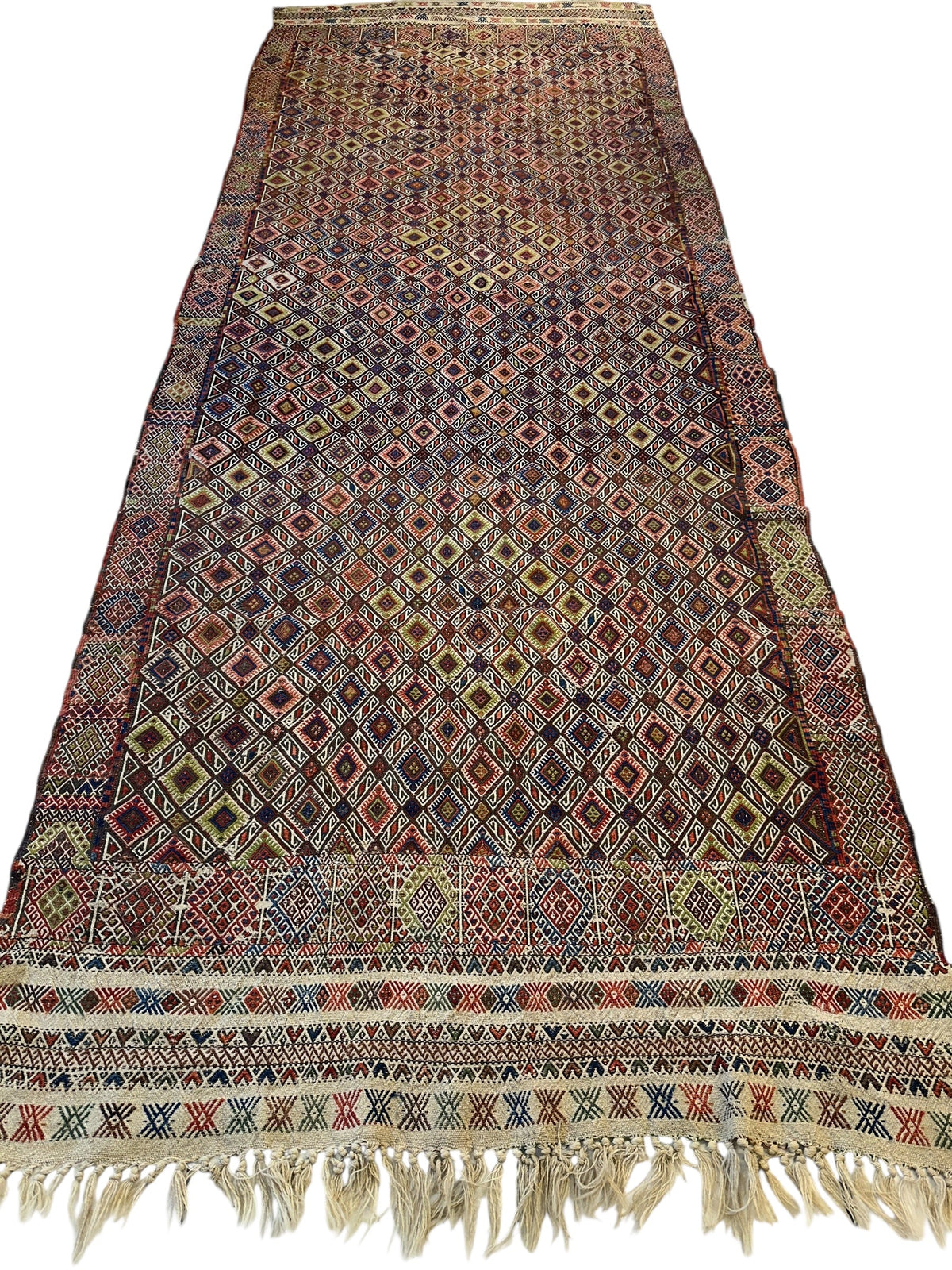 Antique Turkish Kilim Runner 5x14 | Red, Navy & Ivory | Hand-Woven Wool Flatweave - Rugistan, view 3