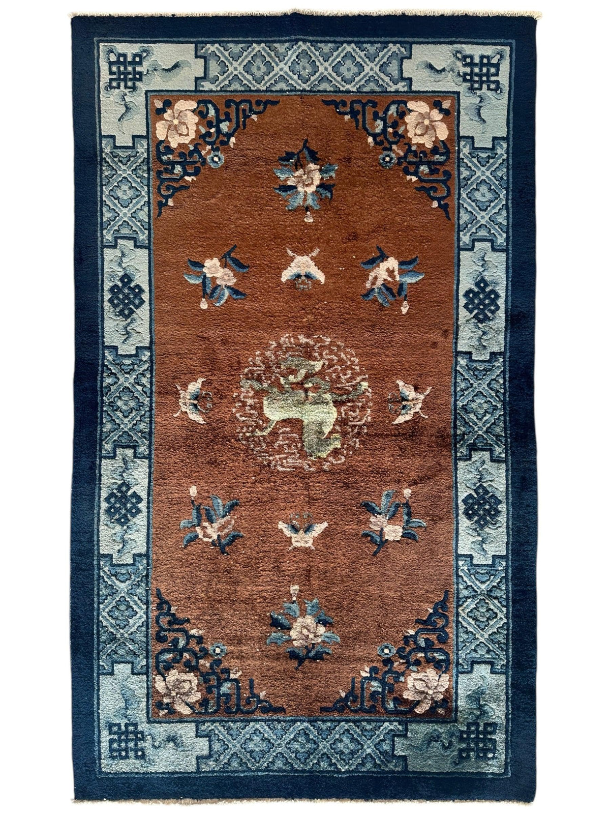 Chinese Rug 3x5 | Rust, Navy & Light Blue | Hand-Knotted Silk - Rugistan