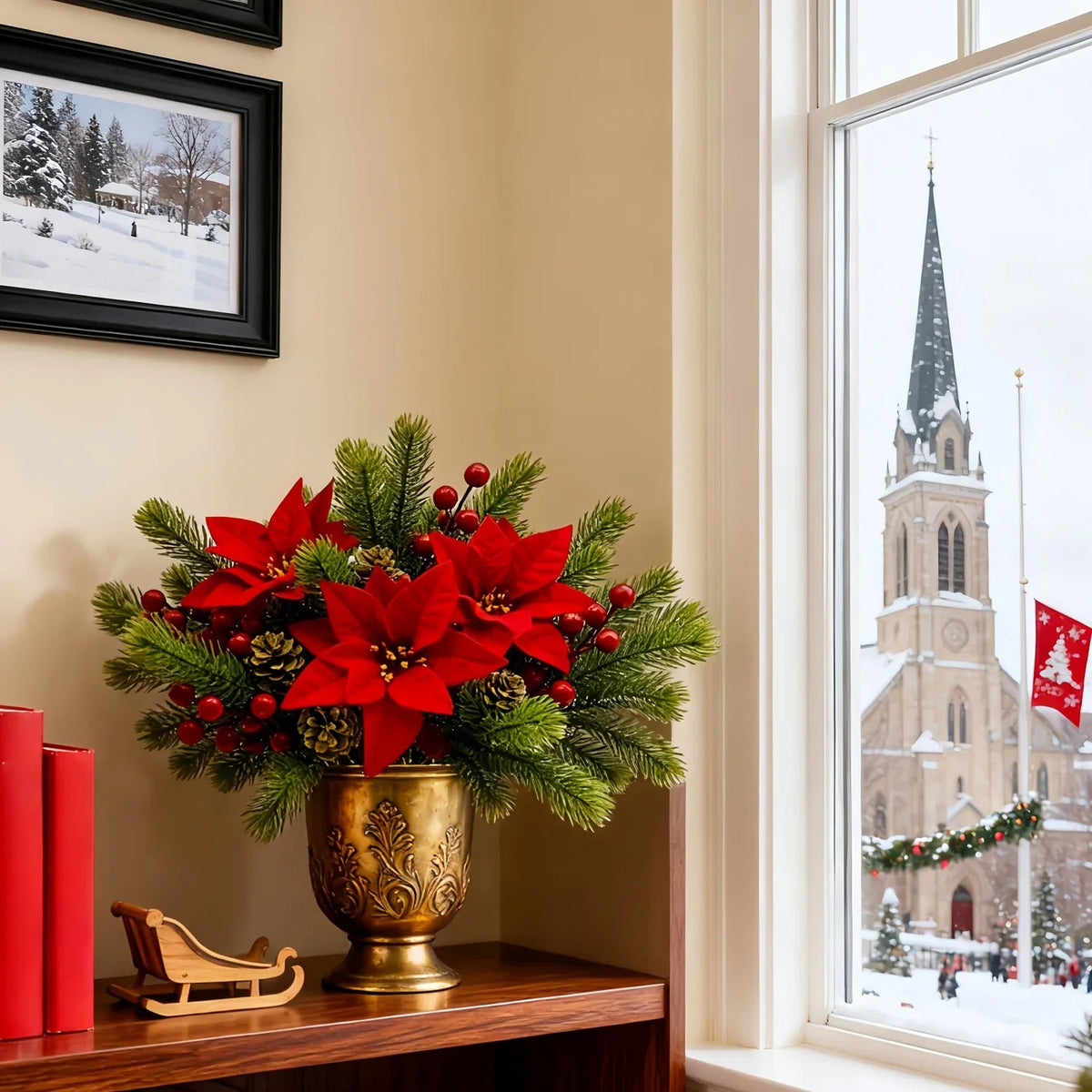 Artificial Flowers, Poinsettia Set of 5 Branches with Pine