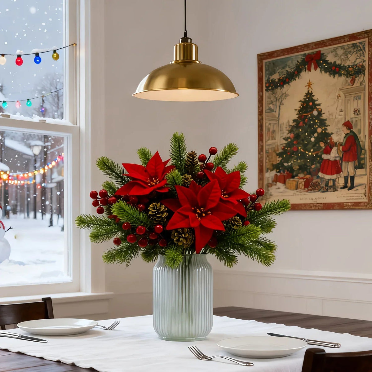 Artificial Flowers, Poinsettia Set of 5 Branches with Pine