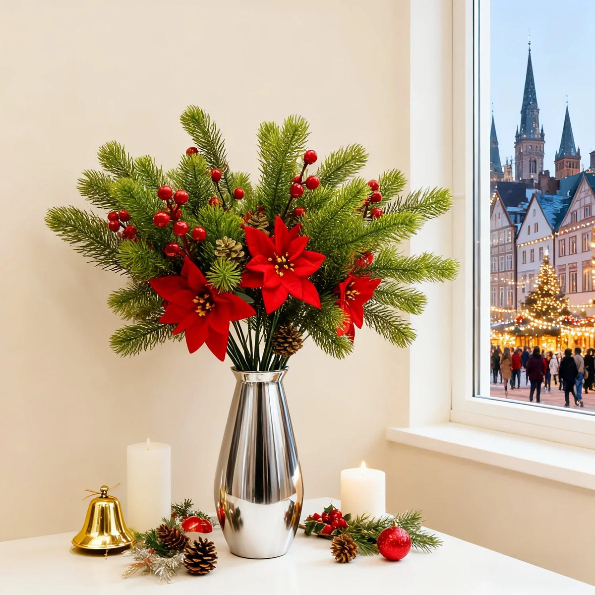 Artificial Flowers, Poinsettia Set of 5 Branches with Pine