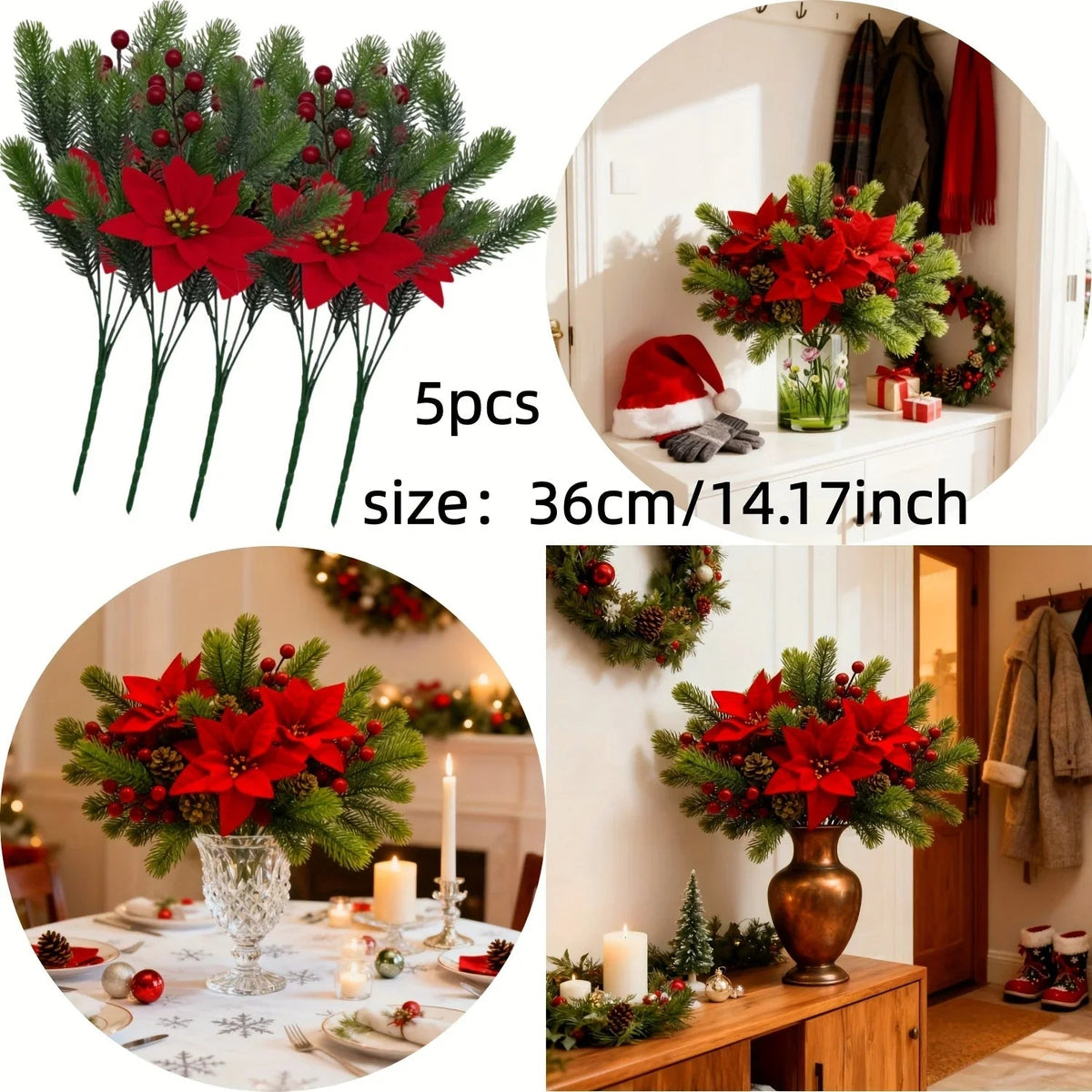 Artificial Flowers, Poinsettia Set of 5 Branches with Pine