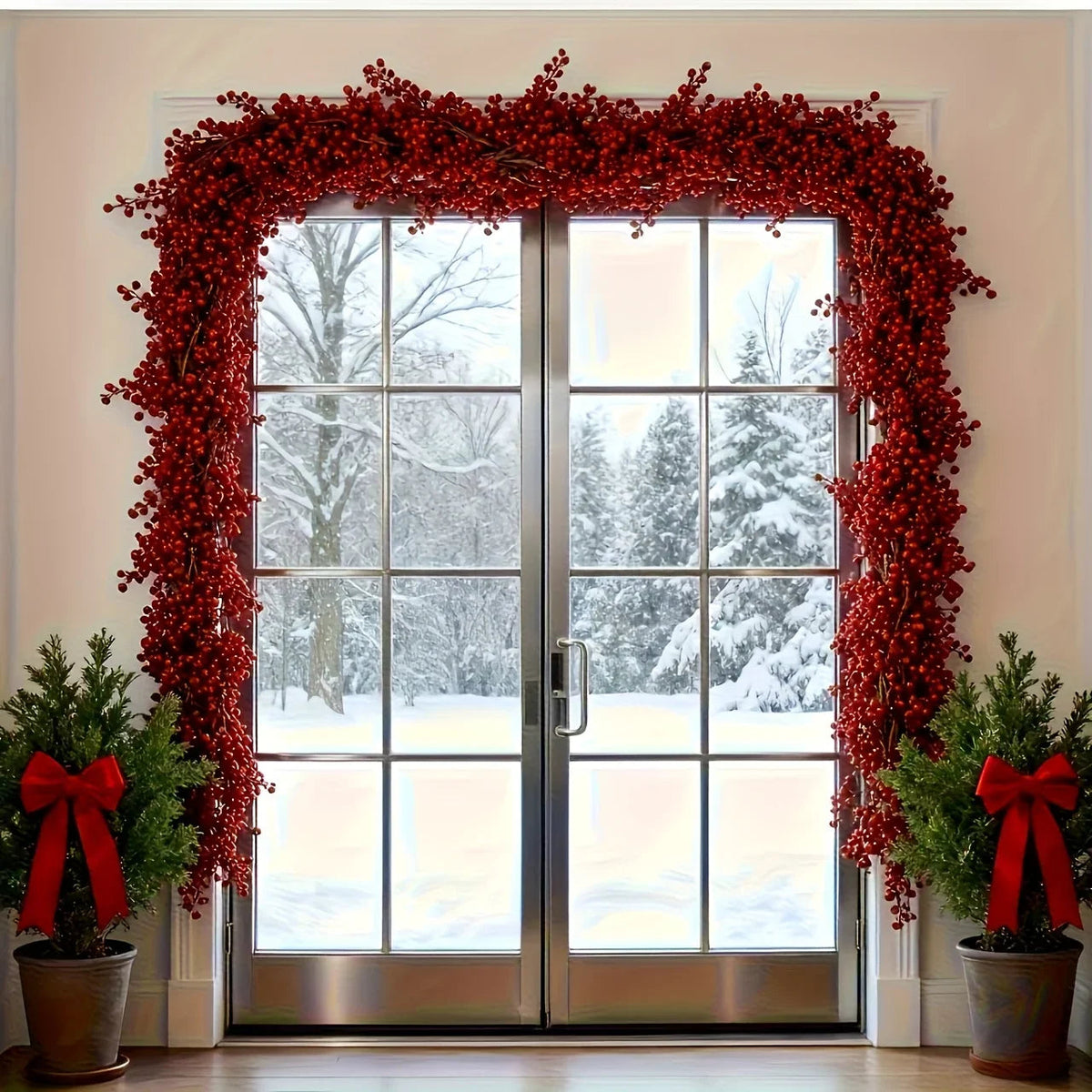 Artificial Poinsettia Garland 2-Pack Faux Holly Ivy Vine