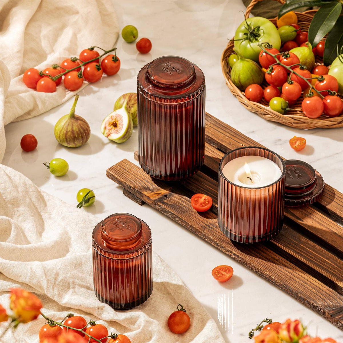 Aurélie Reeded Glass Candle: Tomato & Vine (L & M) - Source by Studio Skara, view 6