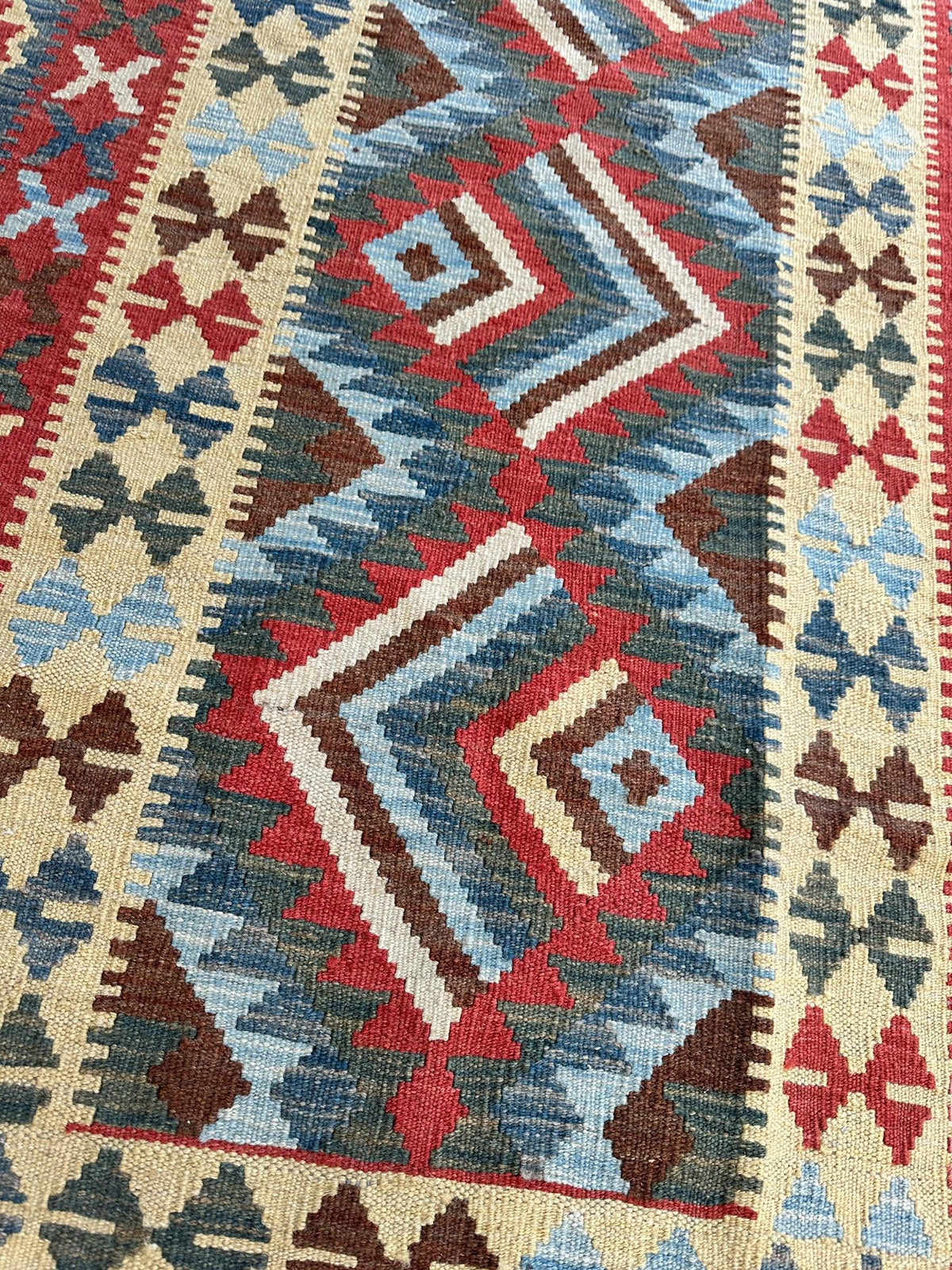 Afghan Maimana Kilim Rug 3x7 | Red, Gray & Beige | Hand-Woven Wool Flatweave - Rugistan, view 4