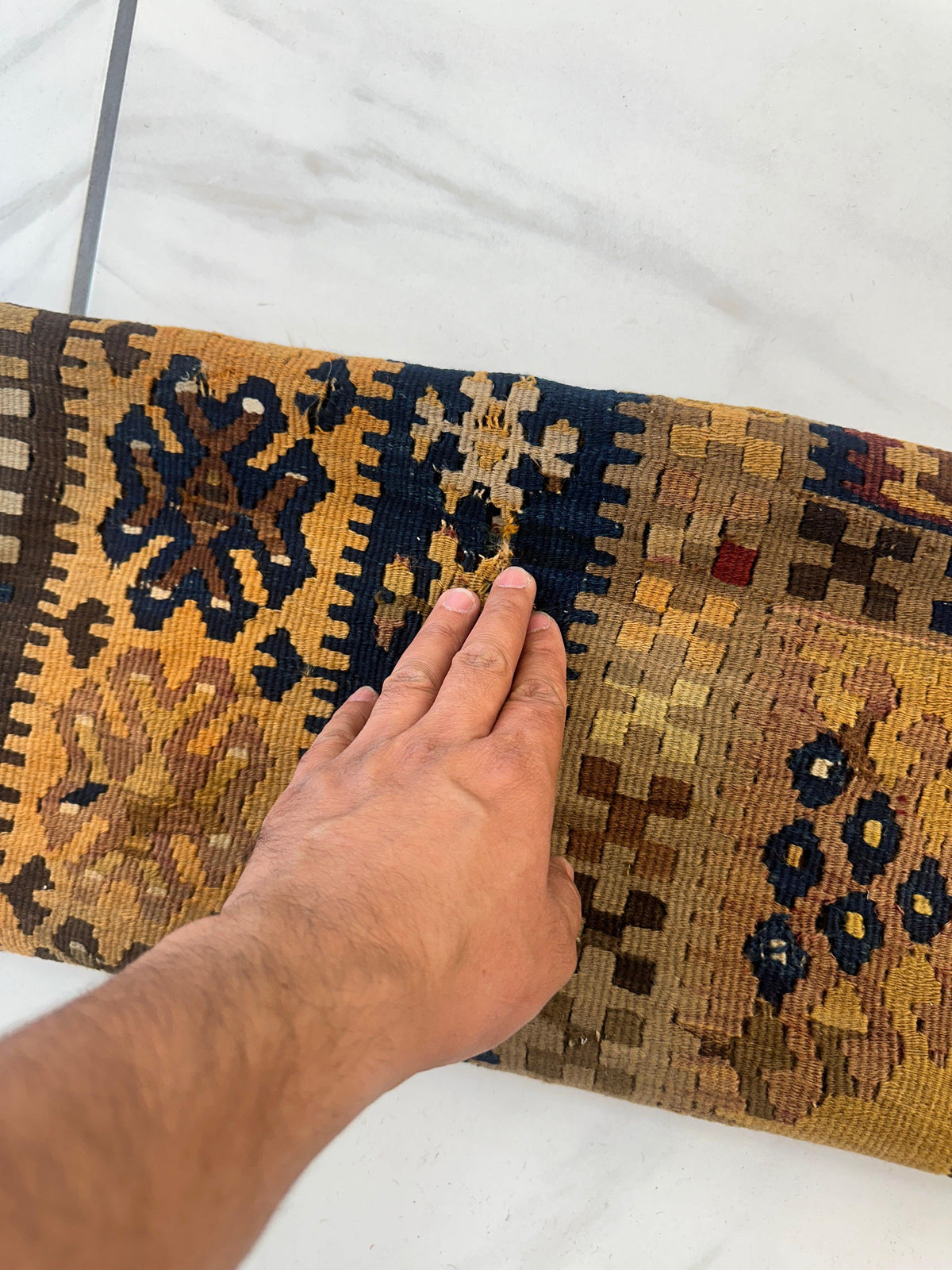 Antique Turkish Prayer Rug 4x7 | Gold, Navy & Red | Hand-Woven Wool Flatweave - Rugistan, view 11