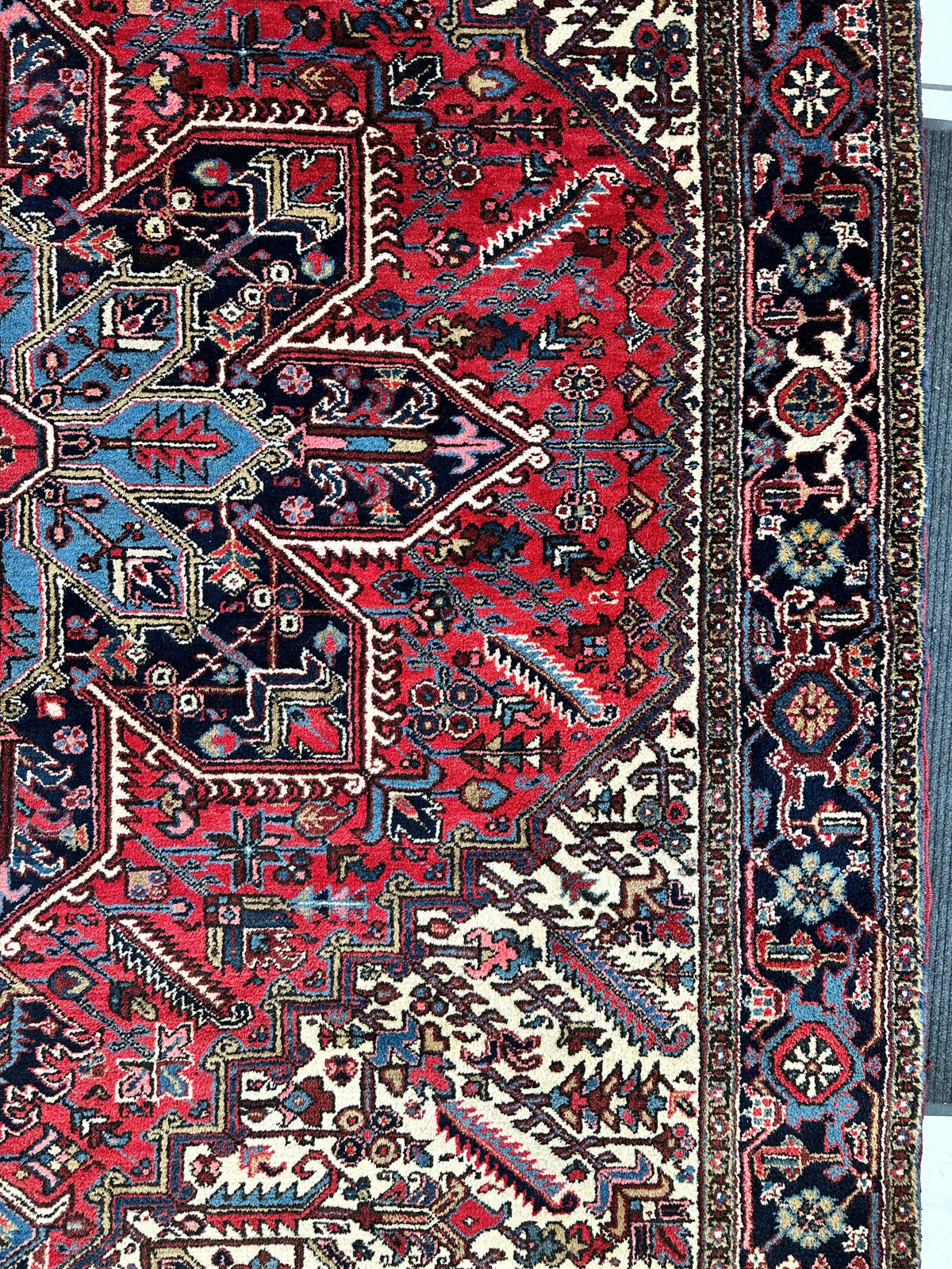 Vintage Persian Heriz Rug 9x12 | Red, Ivory & Navy | Hand-Knotted Wool - Rugistan, view 10