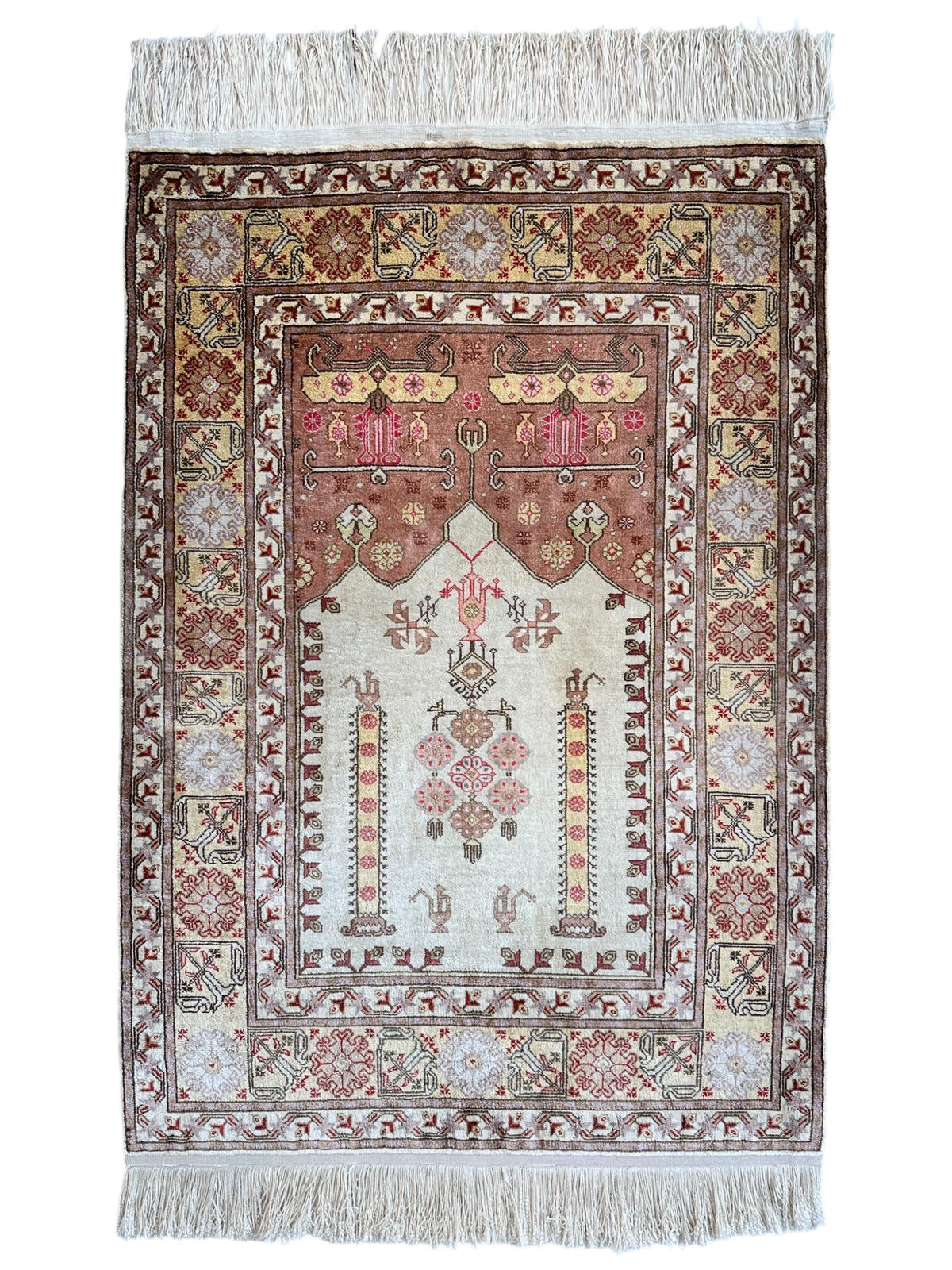 Vintage Turkish Kayseri Rug 2x3 | Ivory, Rust & Brown | Hand-Knotted Silk - Rugistan