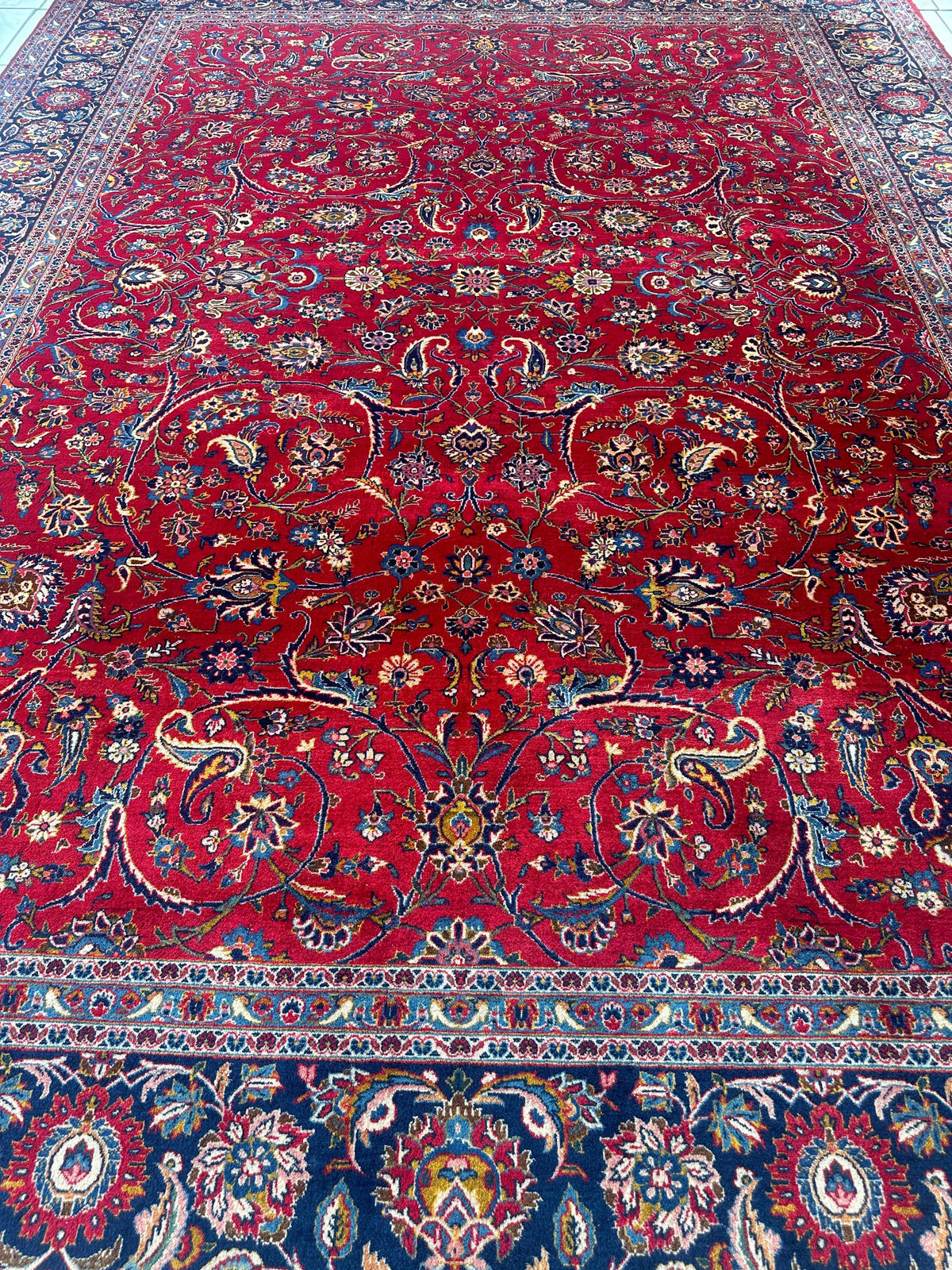 Persian Kashan Rug 10x14 | Red, Navy & Ivory | Hand-Knotted Wool - Rugistan, view 16