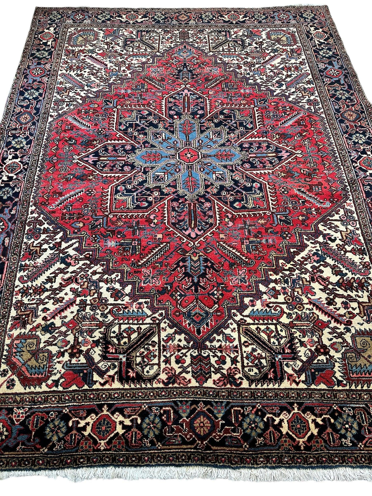 Vintage Persian Heriz Rug 9x12 | Red, Ivory & Navy | Hand-Knotted Wool - Rugistan