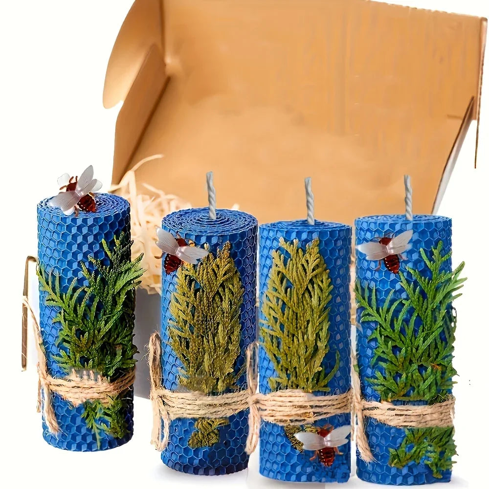 Beeswax Candles with Dried Flowers, Multicolor 4 Piece Oval Set