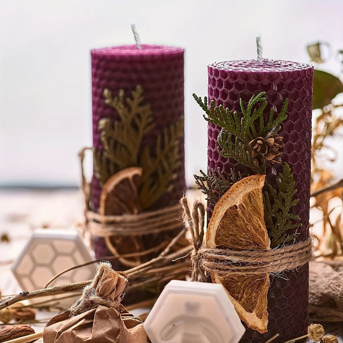 Beeswax Candles with Dried Flowers, Multicolor 4 Piece Oval Set