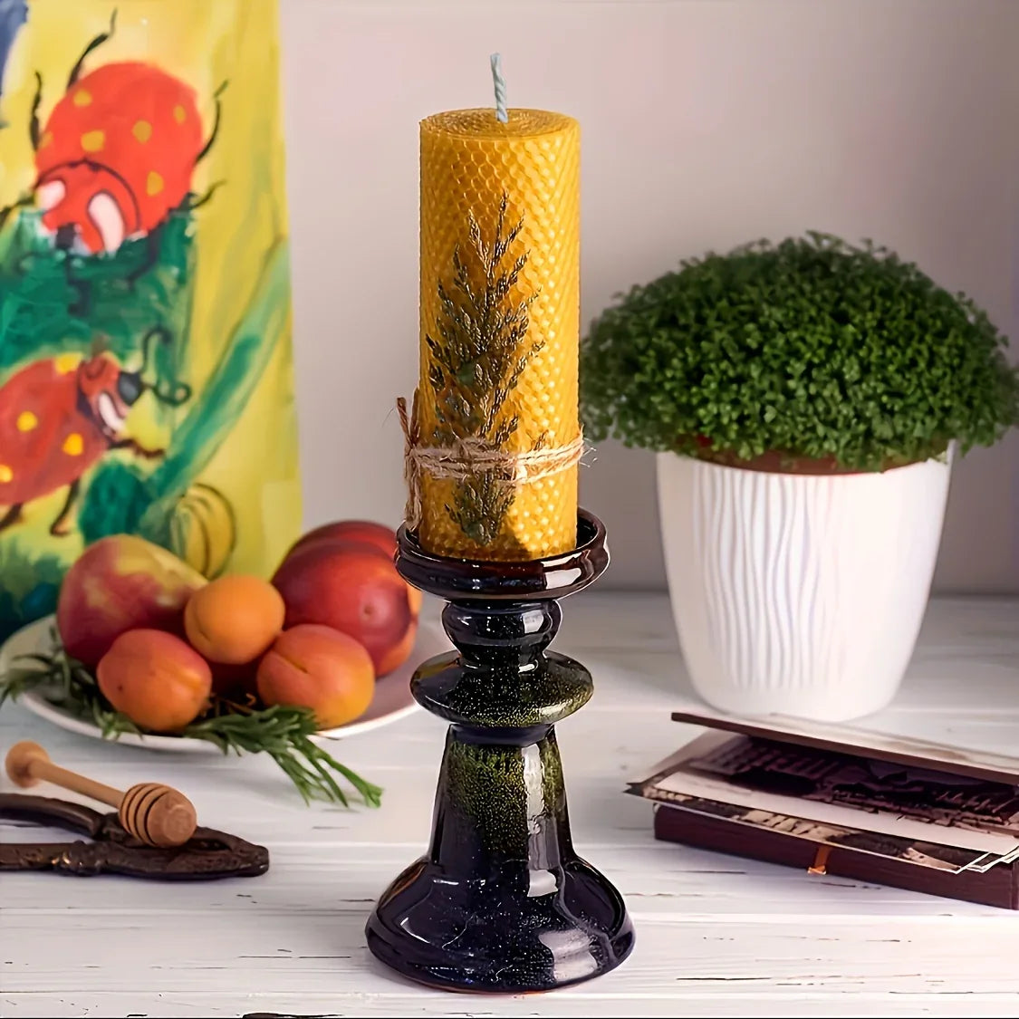 Beeswax Candles with Dried Flowers, Multicolor 4 Piece Oval Set