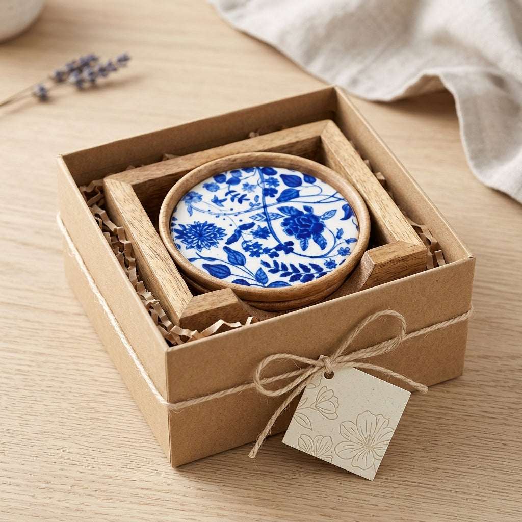Mango Wood Coaster Set of 5 with Holder — House of Avana, view 1 of 9