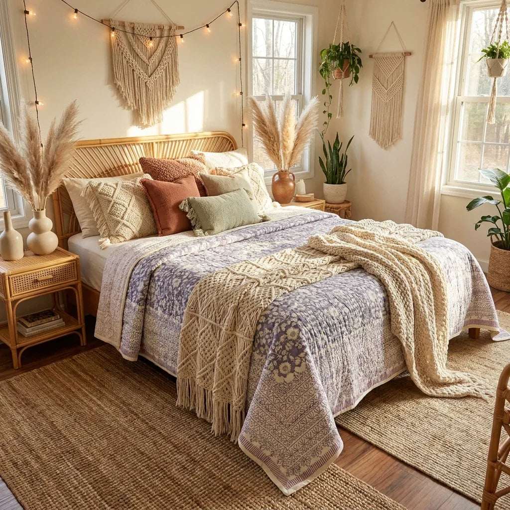 Cream & Sage Green Floral Jaipur Indian Hand Block Print Quilted Comforter — House of Avana, view 1 of 9