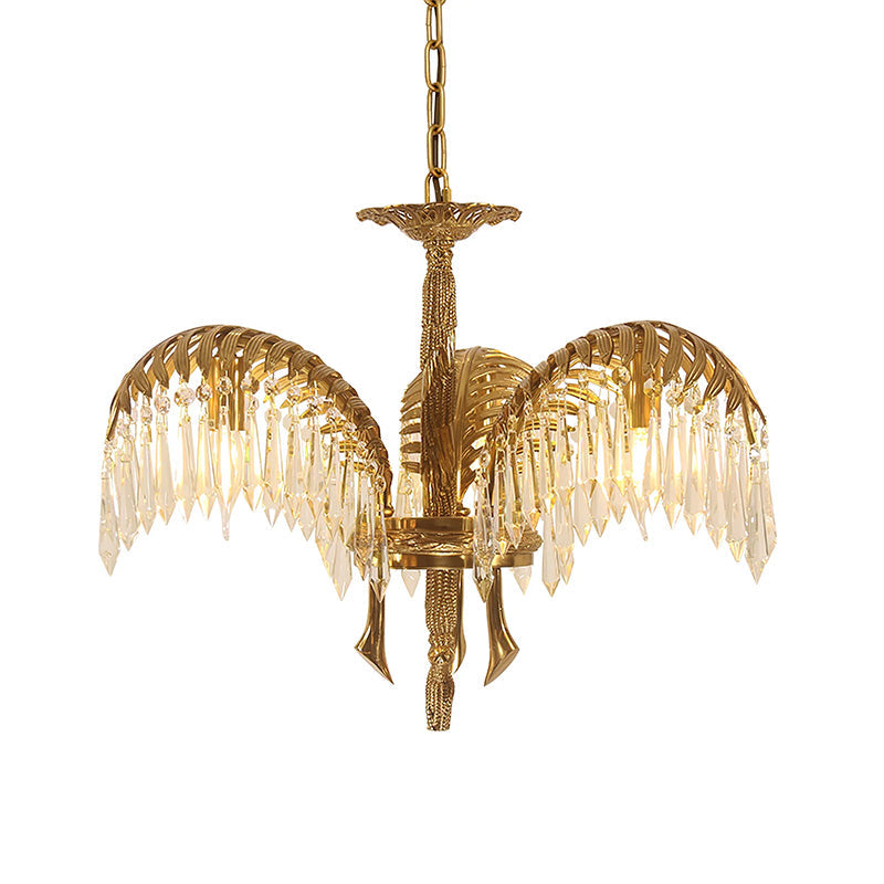 Brass Palm Leaf Crystal Chandelier