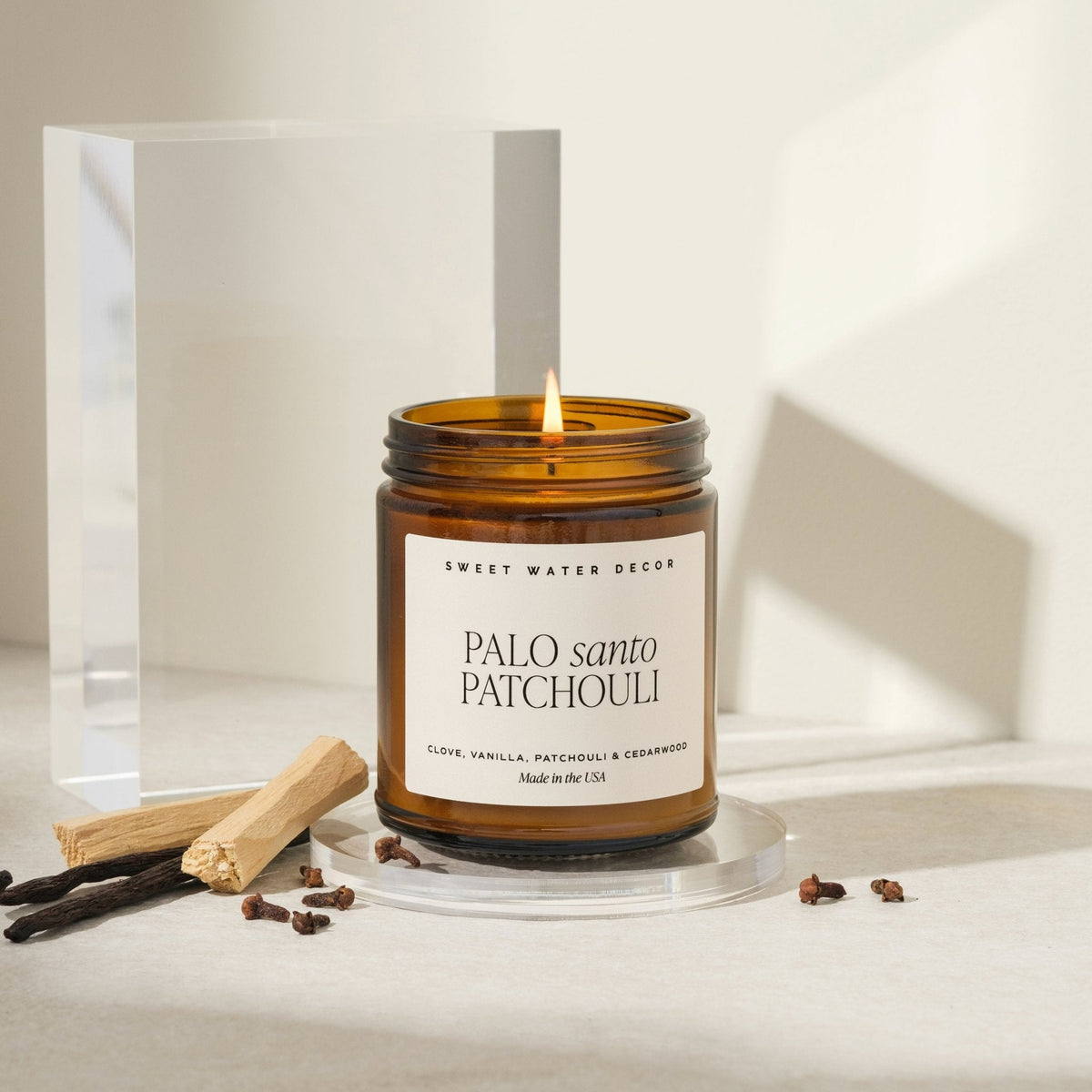 Palo Santo Patchouli Soy Candle - Amber Jar - 9 oz - Sweet Water Decor, view 3