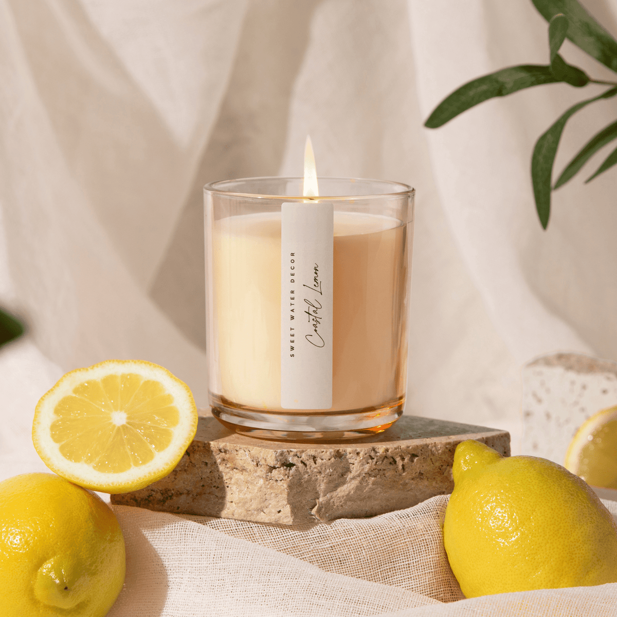 Coastal Lemon Soy Candle - Tinted Glass Jar - 12 oz - Sweet Water Decor, view 3