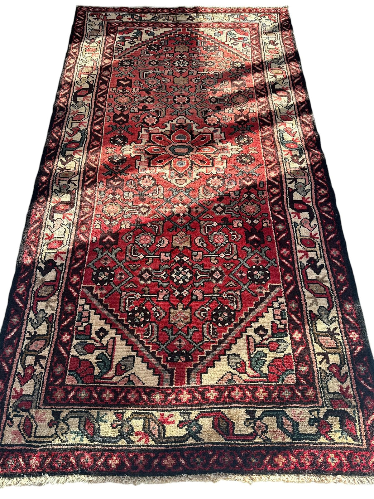 Antique Persian Hamadan Rug 4x7 | Red, Navy & Ivory | Hand-Knotted Wool - Rugistan, view 3