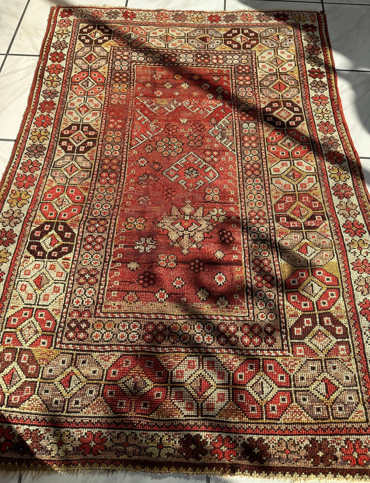 Antique Turkish Prayer Rug 4x6 | Red, Ivory & Brown | Hand-Knotted Wool - Rugistan, view 4