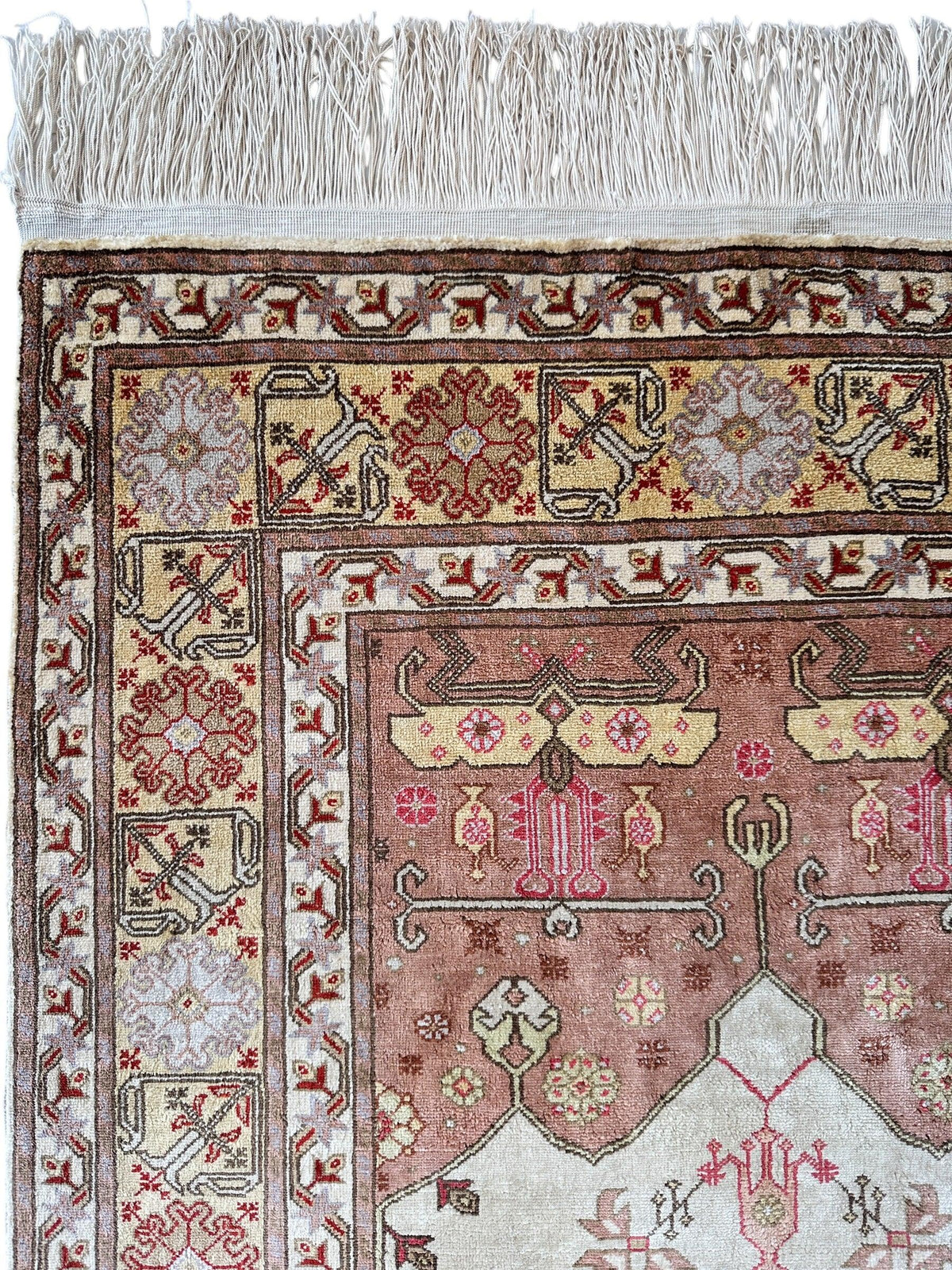 Vintage Turkish Kayseri Rug 2x3 | Ivory, Rust & Brown | Hand-Knotted Silk - Rugistan, view 9