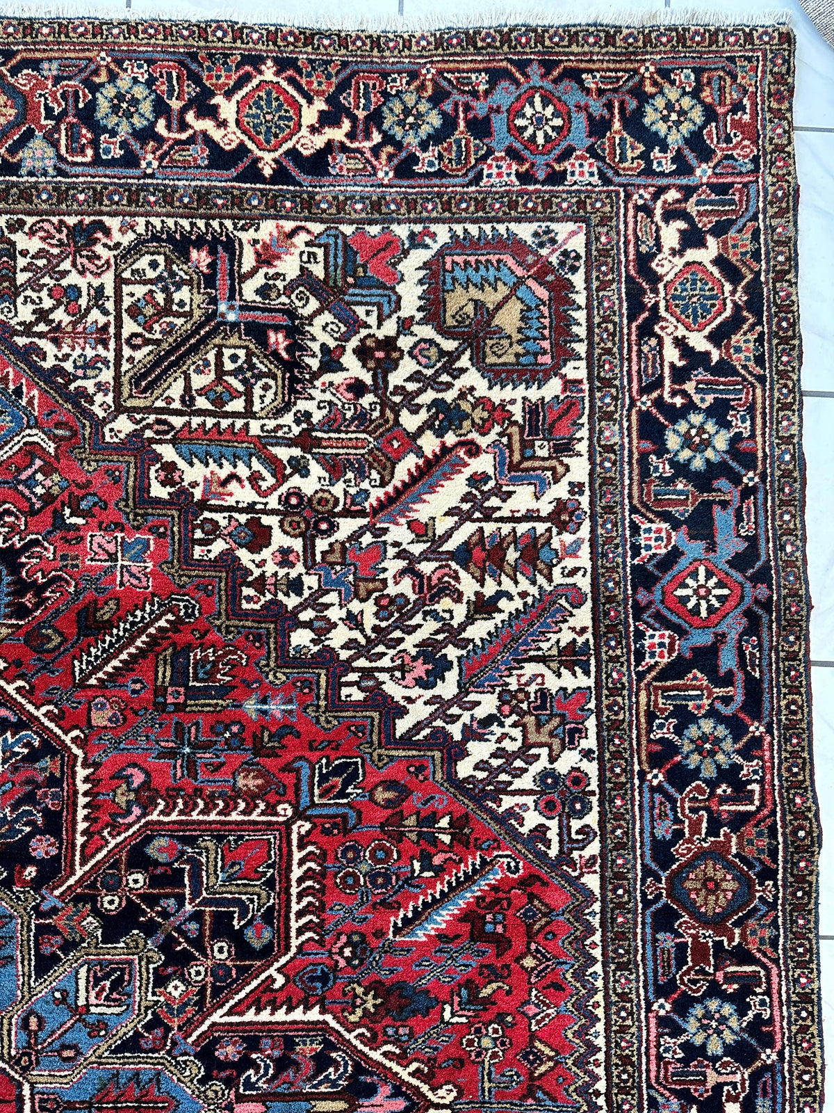 Vintage Persian Heriz Rug 9x12 | Red, Ivory & Navy | Hand-Knotted Wool - Rugistan, view 15