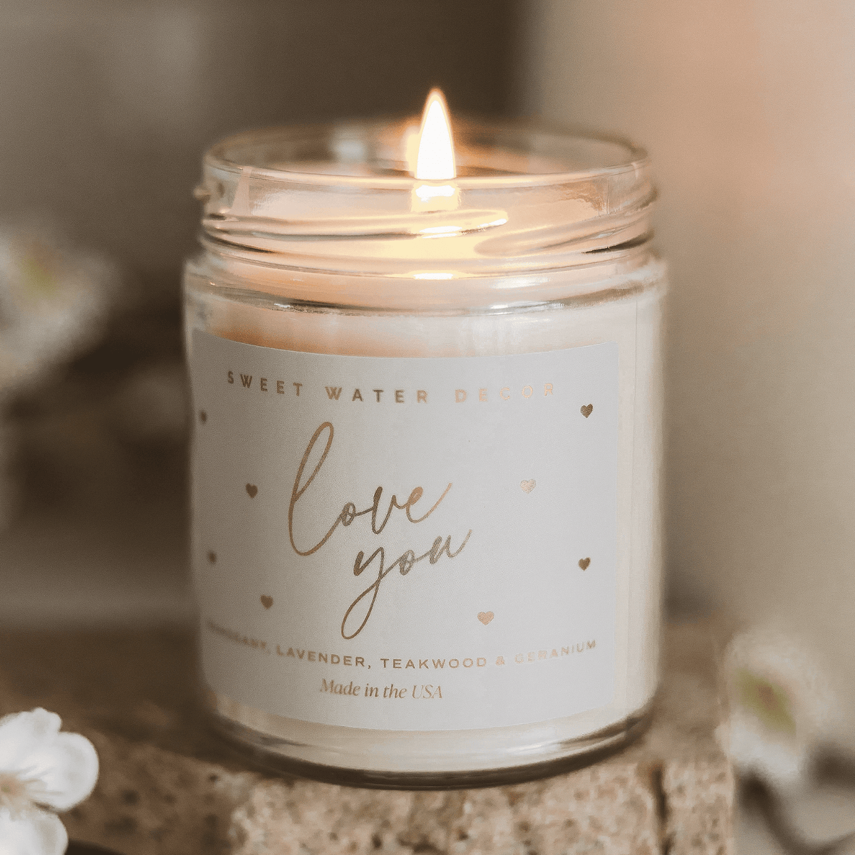 Love You Soy Candle Patterned - Clear Jar - 9 oz (Driftwood and Mahogany) - Sweet Water Decor, view 2