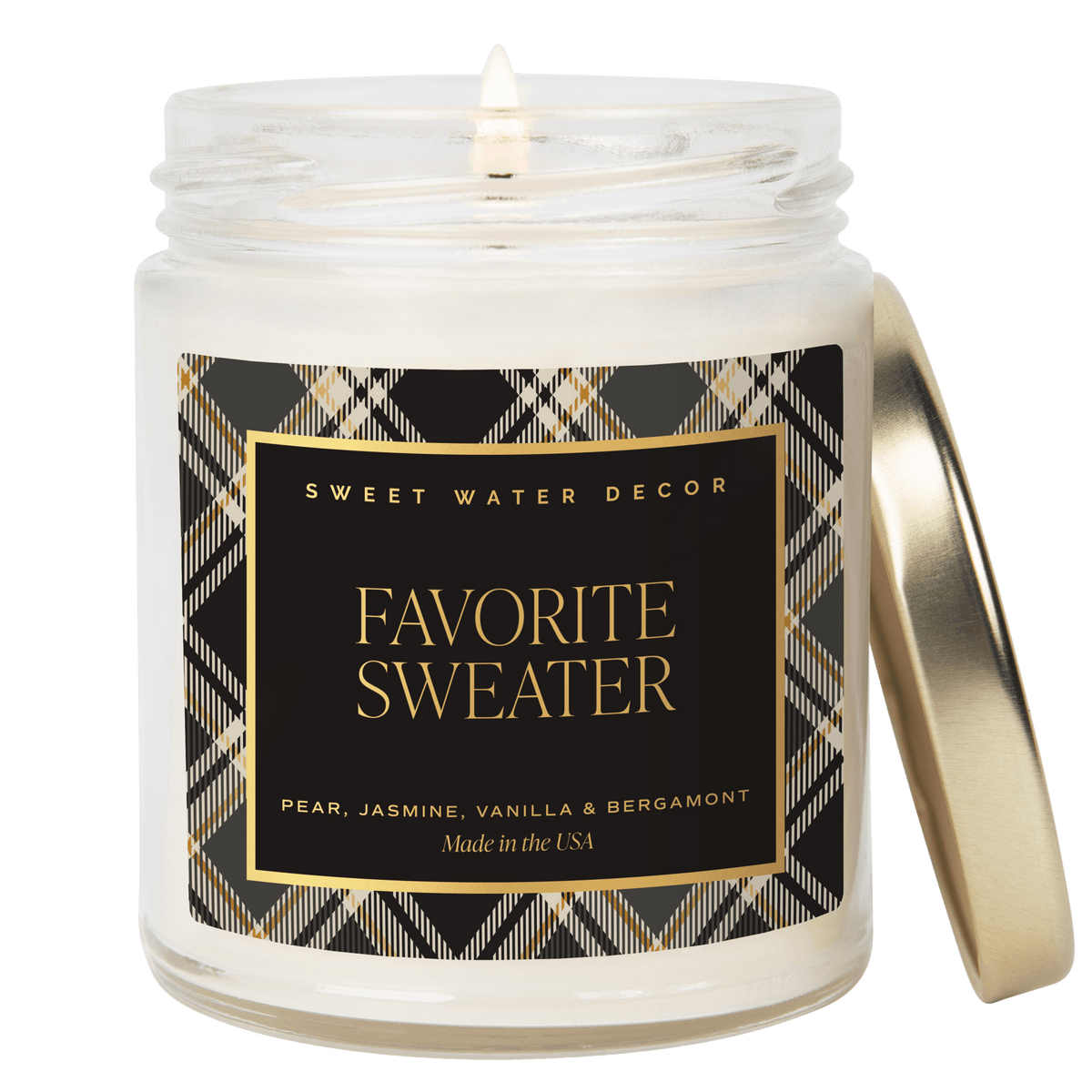 Favorite Sweater Soy Candle - Patterned 9 oz - Clear Jar (Cashmere and Vanilla) - Sweet Water Decor